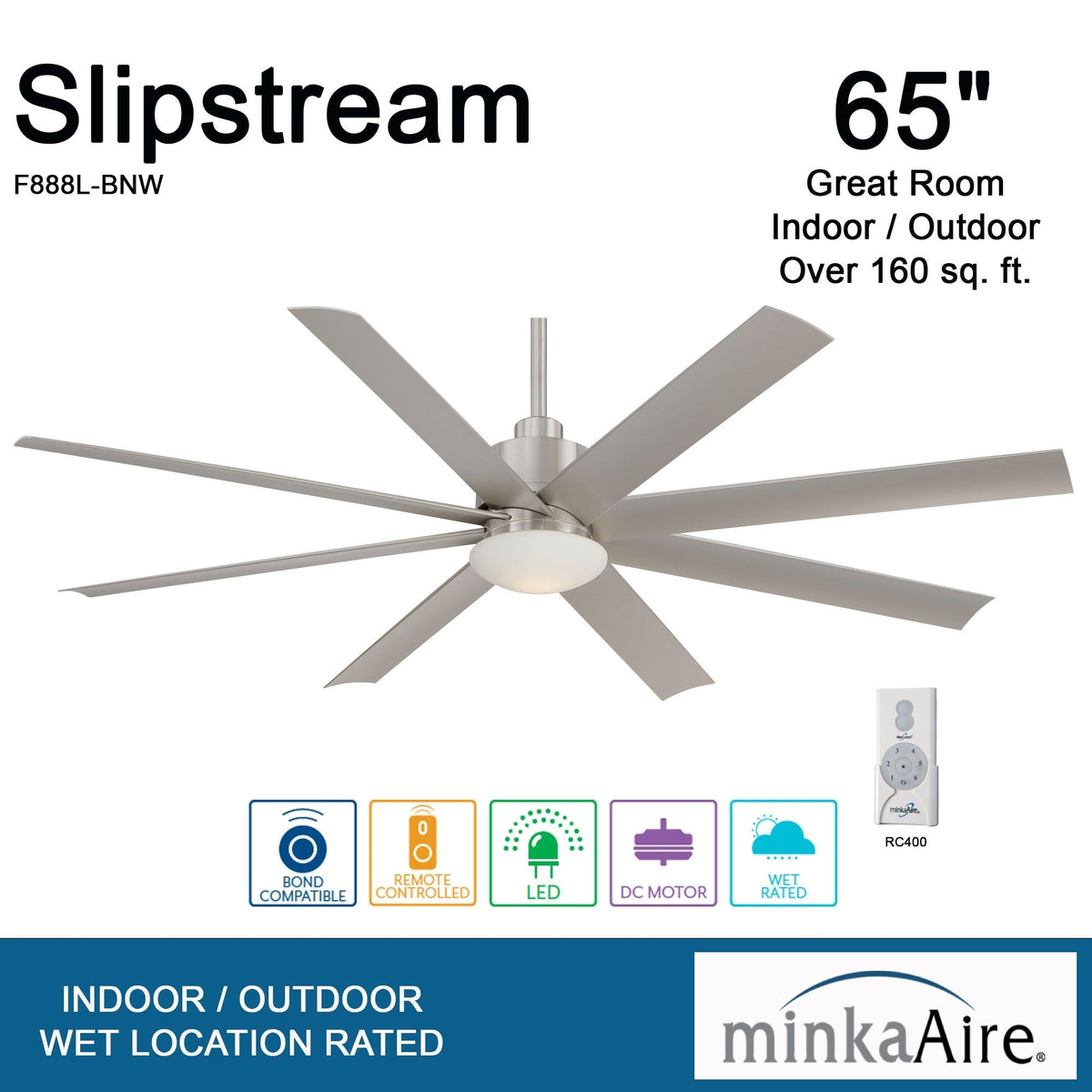 Slipstream LED 65" Large Outdoor Ceiling Fan, Brushed Nickel