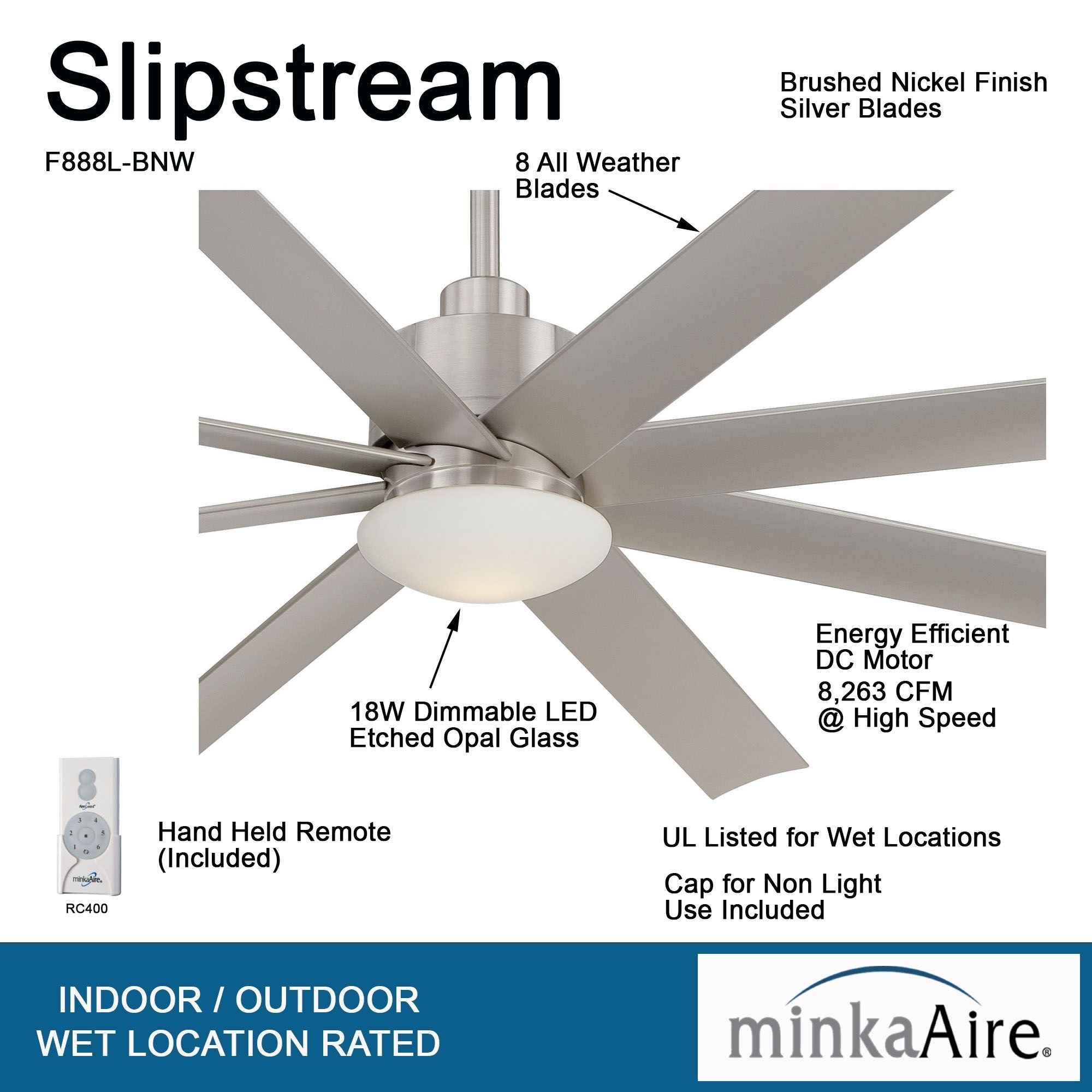 Slipstream LED 65" Large Outdoor Ceiling Fan, Brushed Nickel