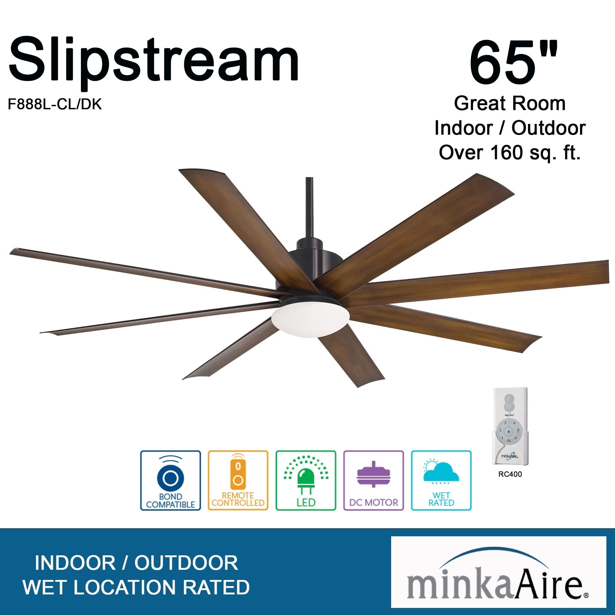 Slipstream LED 65" Large Outdoor Ceiling Fan, Black Coal with Distressed Koa Blades