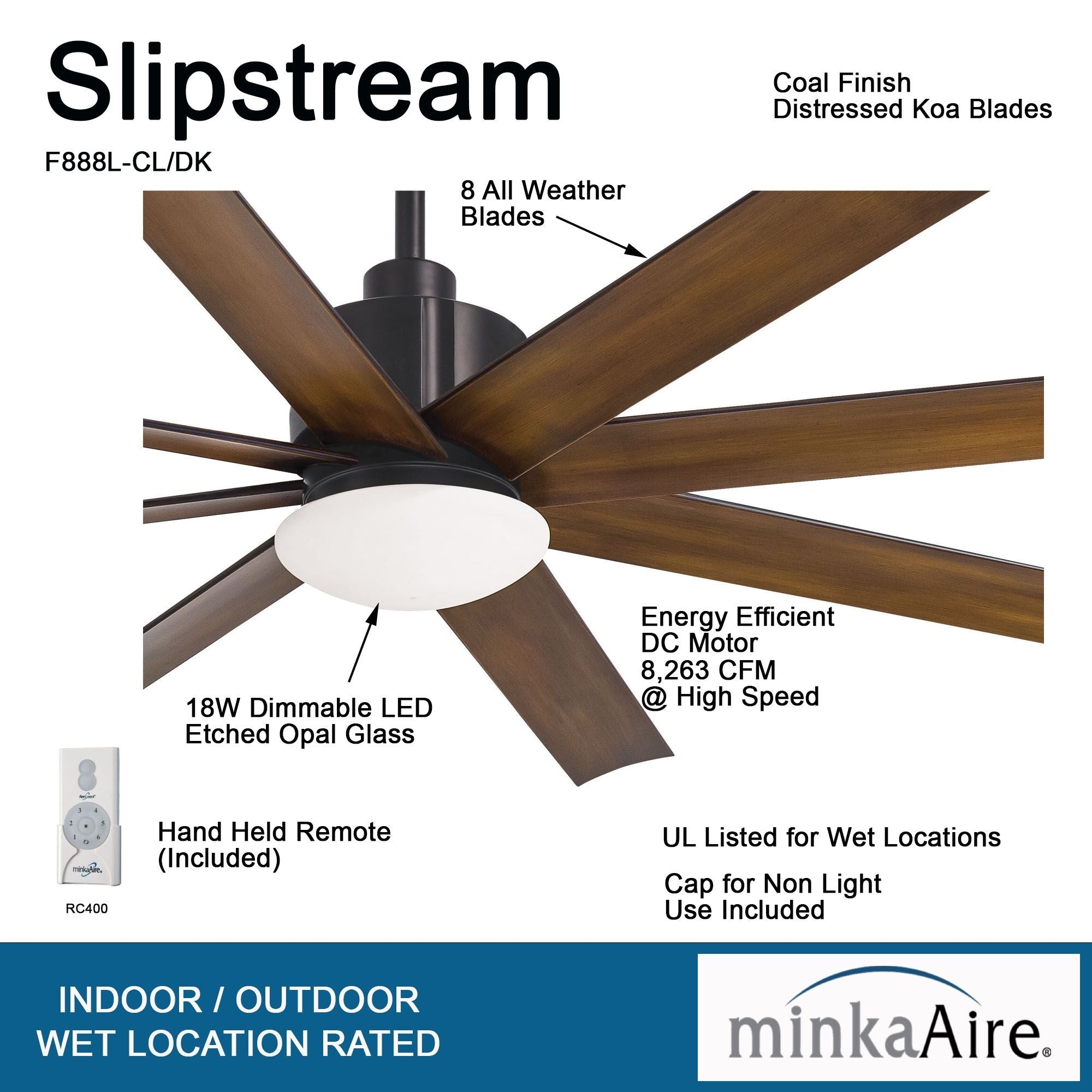 Slipstream LED 65" Large Outdoor Ceiling Fan, Black Coal with Distressed Koa Blades