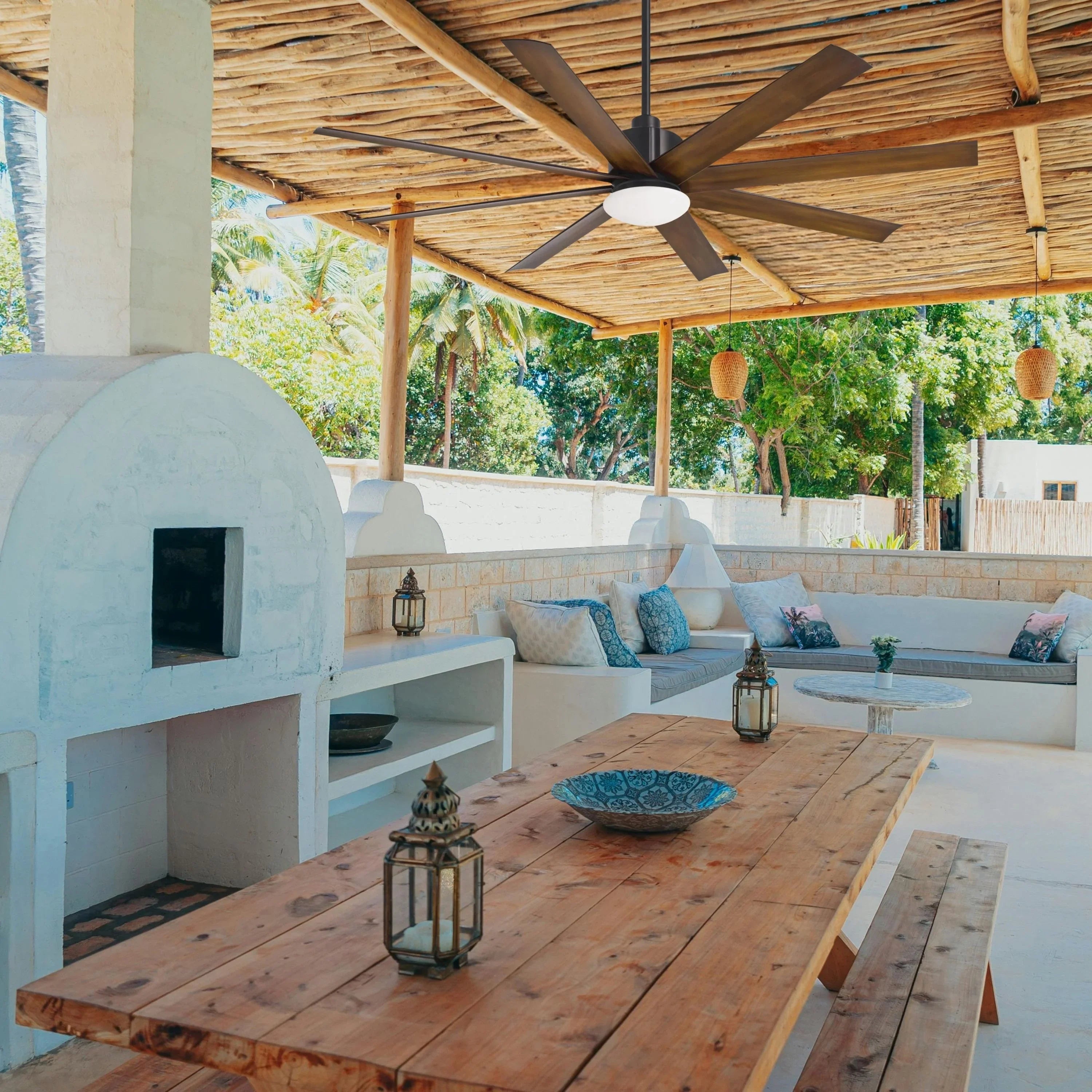 Slipstream LED 65" Large Outdoor Ceiling Fan, Black Coal with Distressed Koa Blades