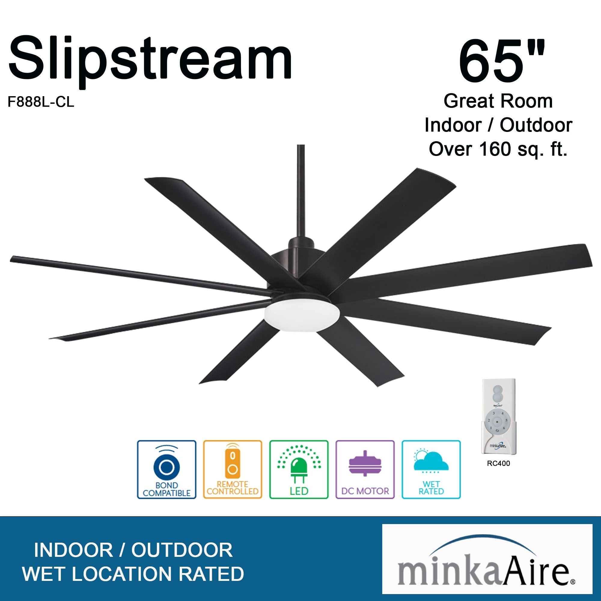Slipstream LED 65" Large Outdoor Ceiling Fan, Black Coal