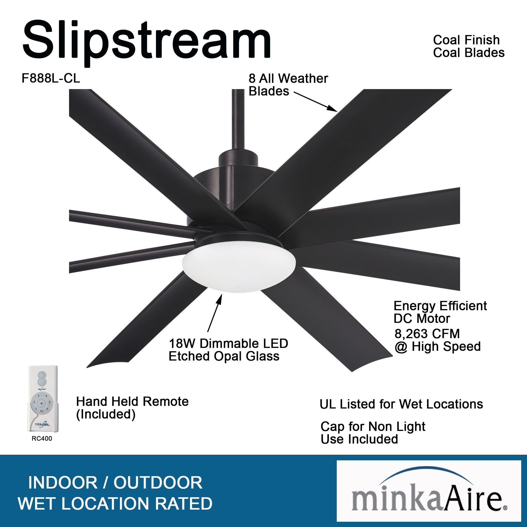 Slipstream LED 65" Large Outdoor Ceiling Fan, Black Coal