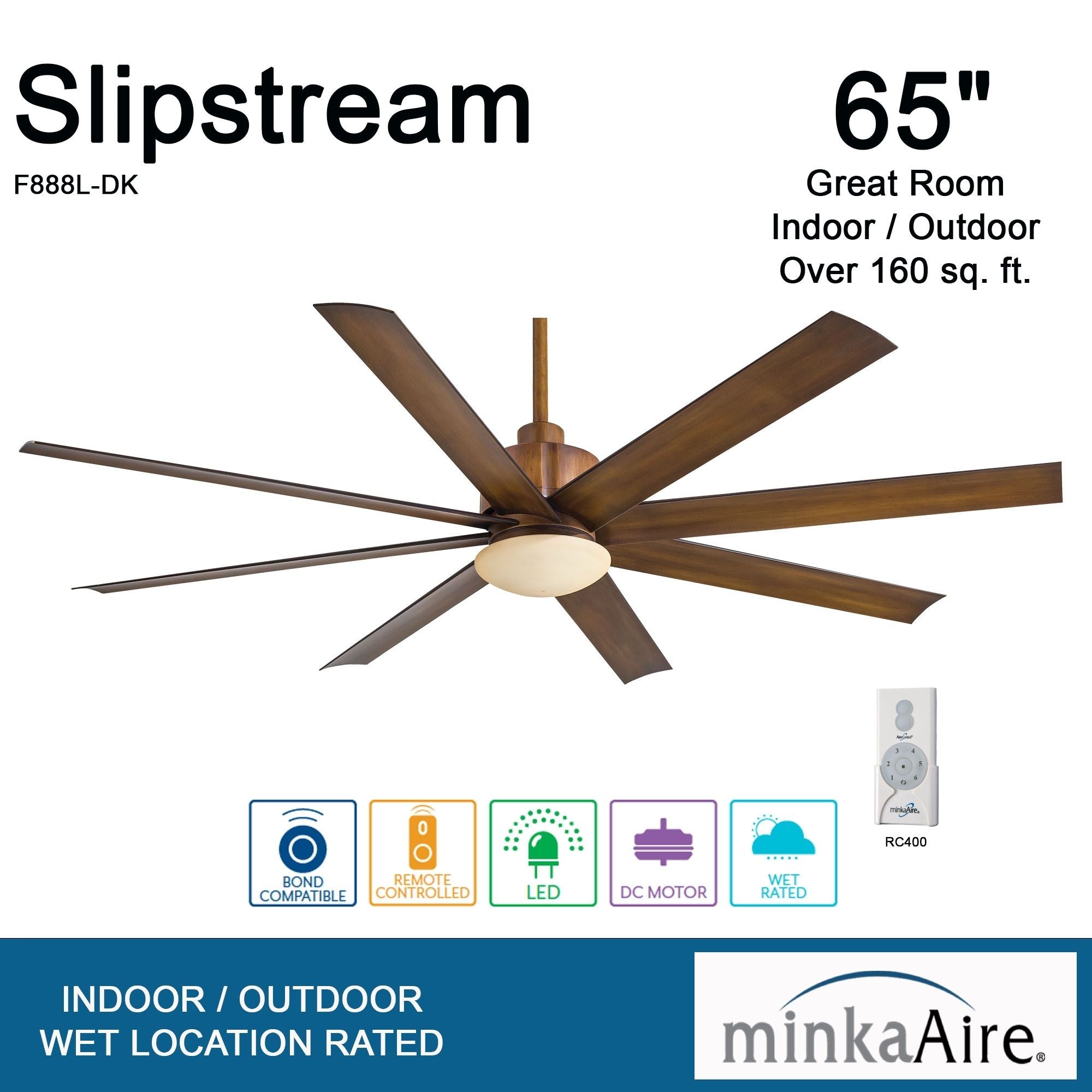 Slipstream LED 65" Large Outdoor Ceiling Fan, Distressed Koa