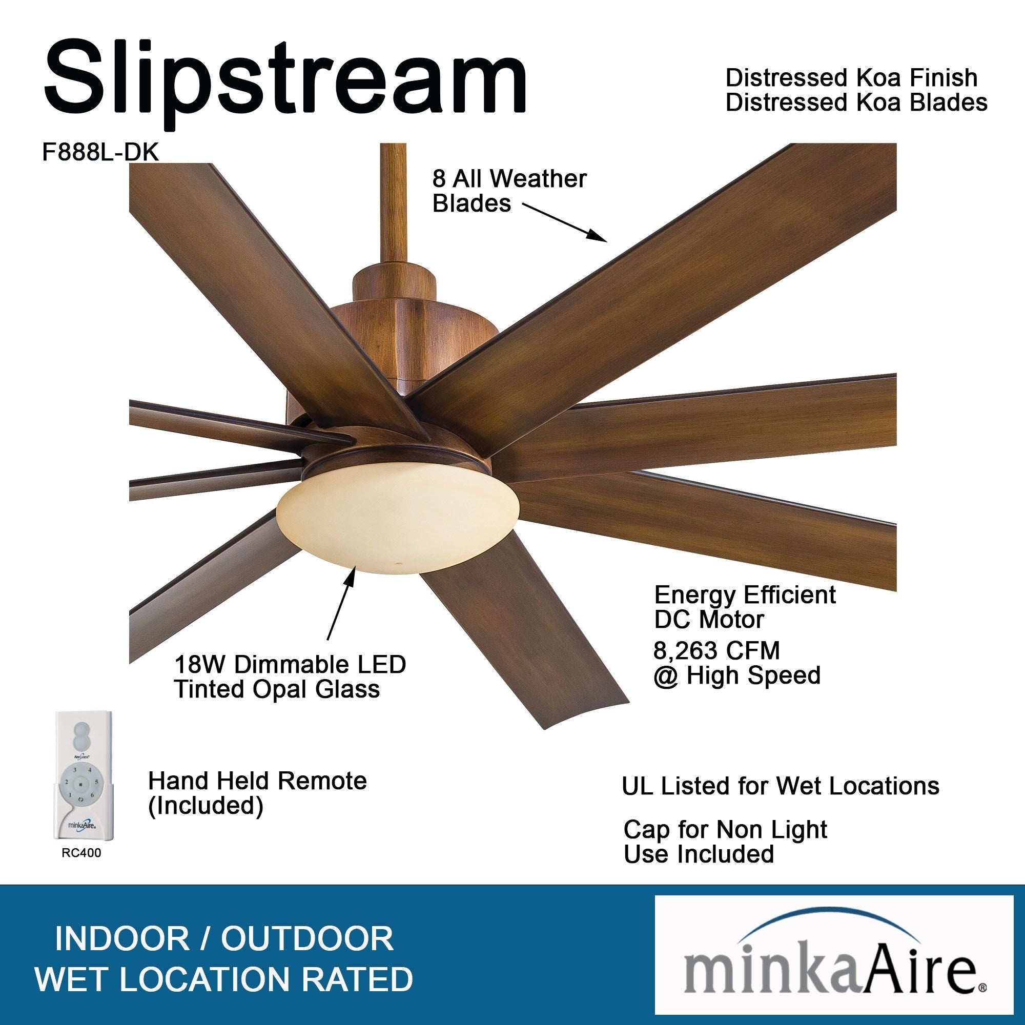 Slipstream LED 65" Large Outdoor Ceiling Fan, Distressed Koa
