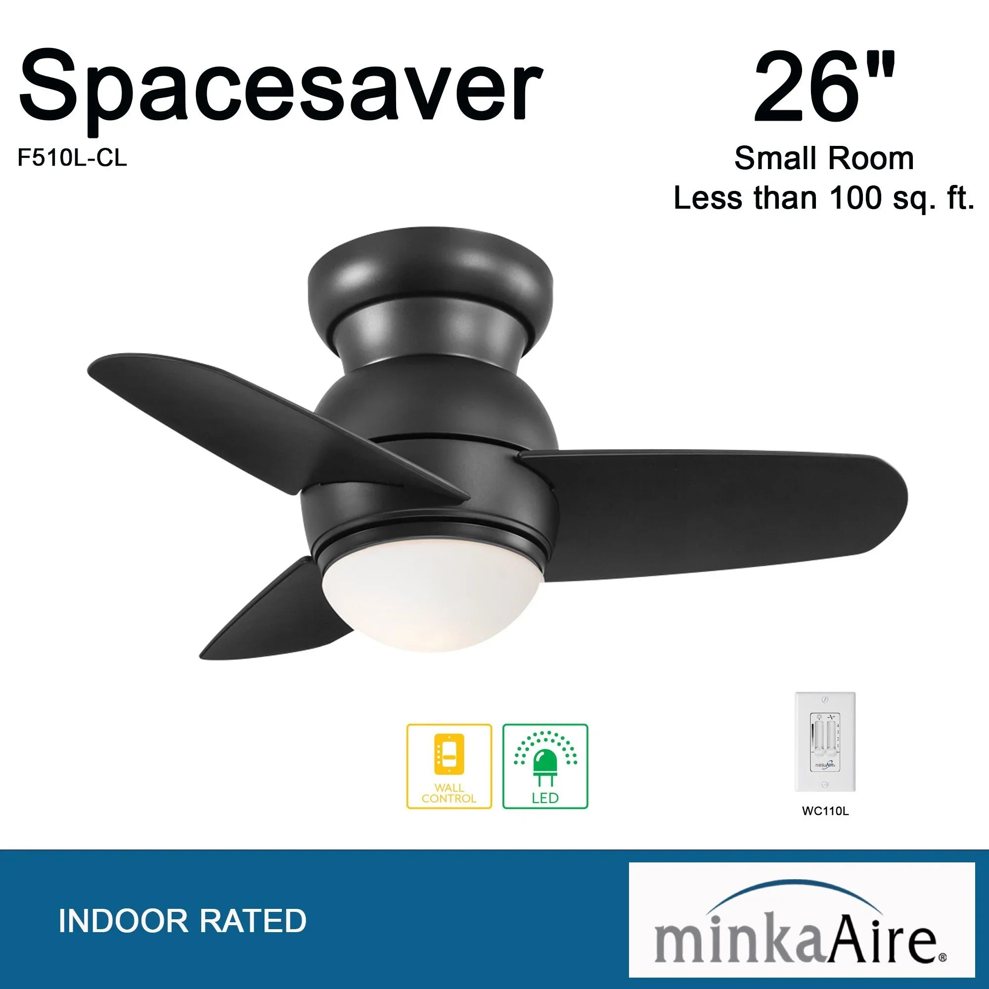 Spacesaver LED 26" Black Coal Hugger Ceiling Fan with Wall Control - Bees Lighting