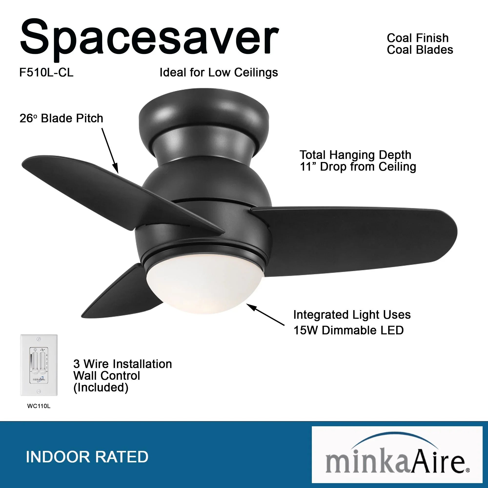 Spacesaver LED 26" Black Coal Hugger Ceiling Fan with Wall Control - Bees Lighting