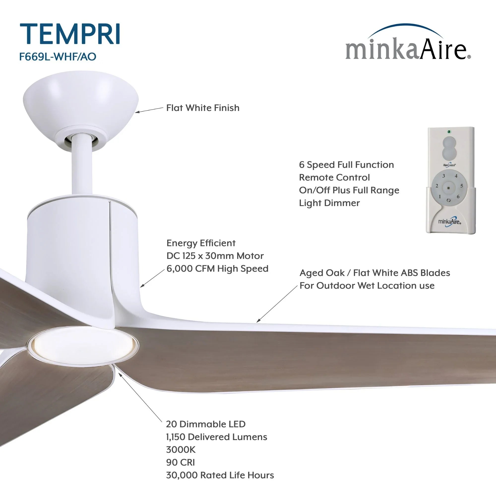 Tempri 56" Indoor/Outdoor LED Ceiling Fan, Flat White