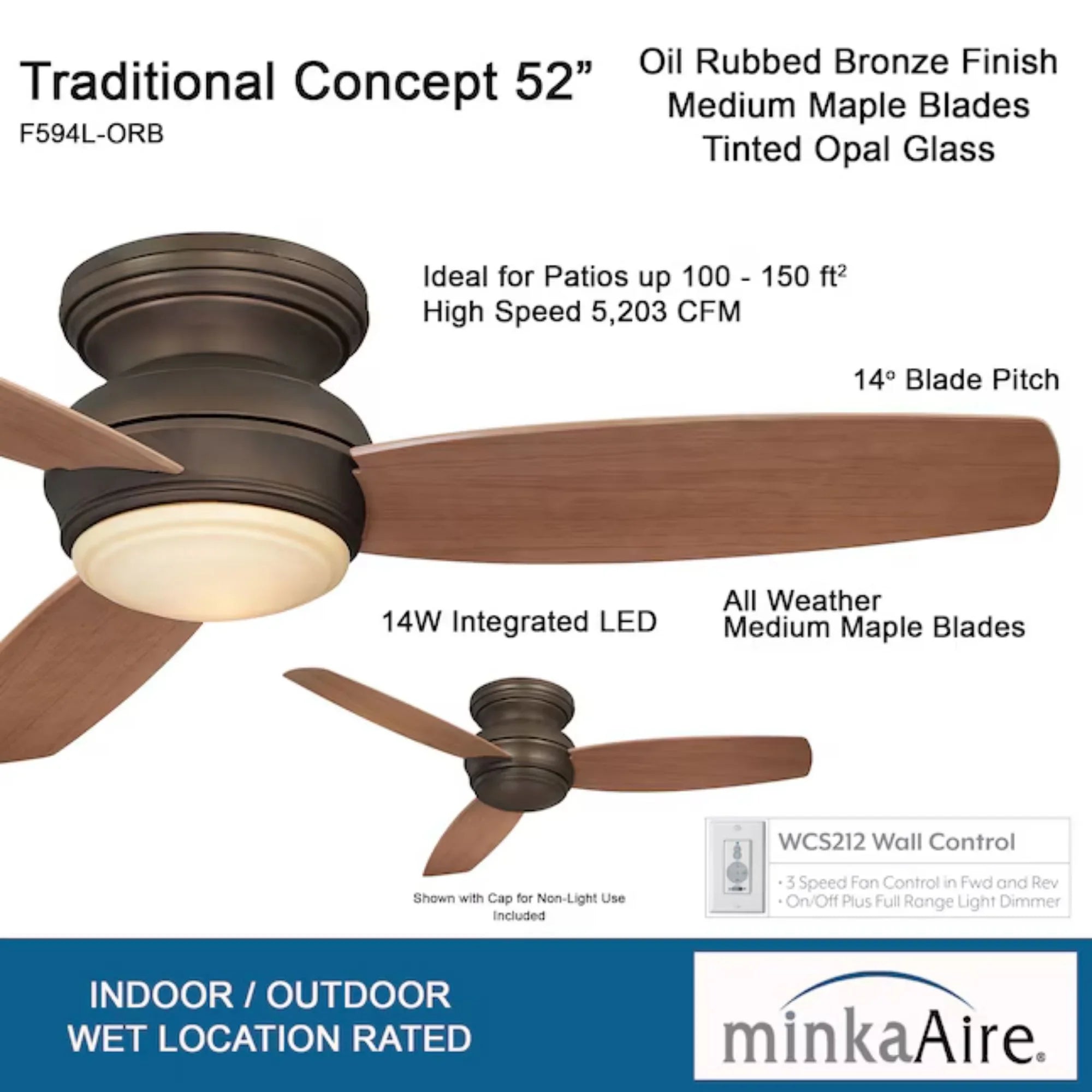 Traditional Concept LED 52" Bronze Outdoor Hugger Ceiling Fan with Wall Control