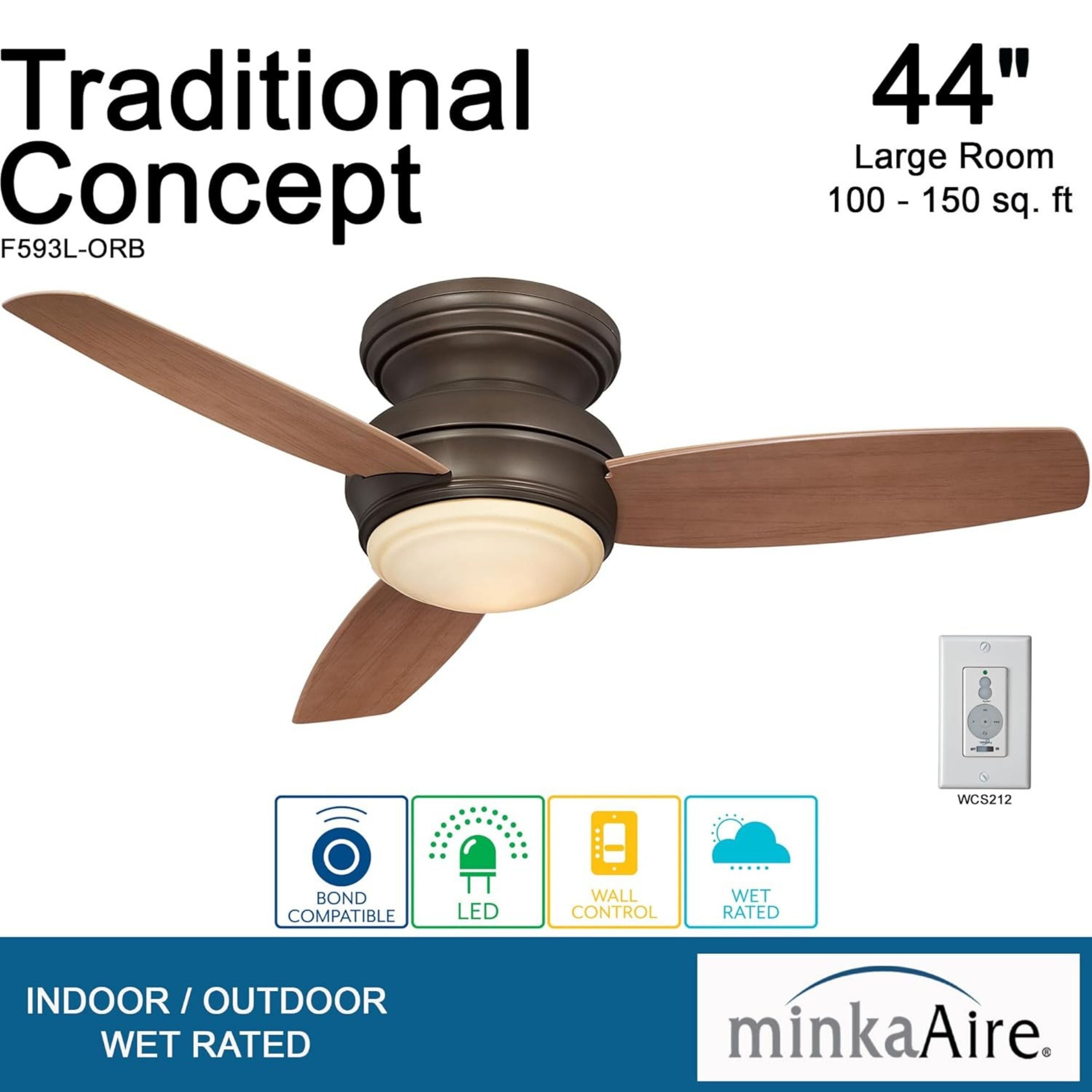 Traditional Concept LED 44" Bronze Outdoor Hugger Ceiling Fan with Wall Control