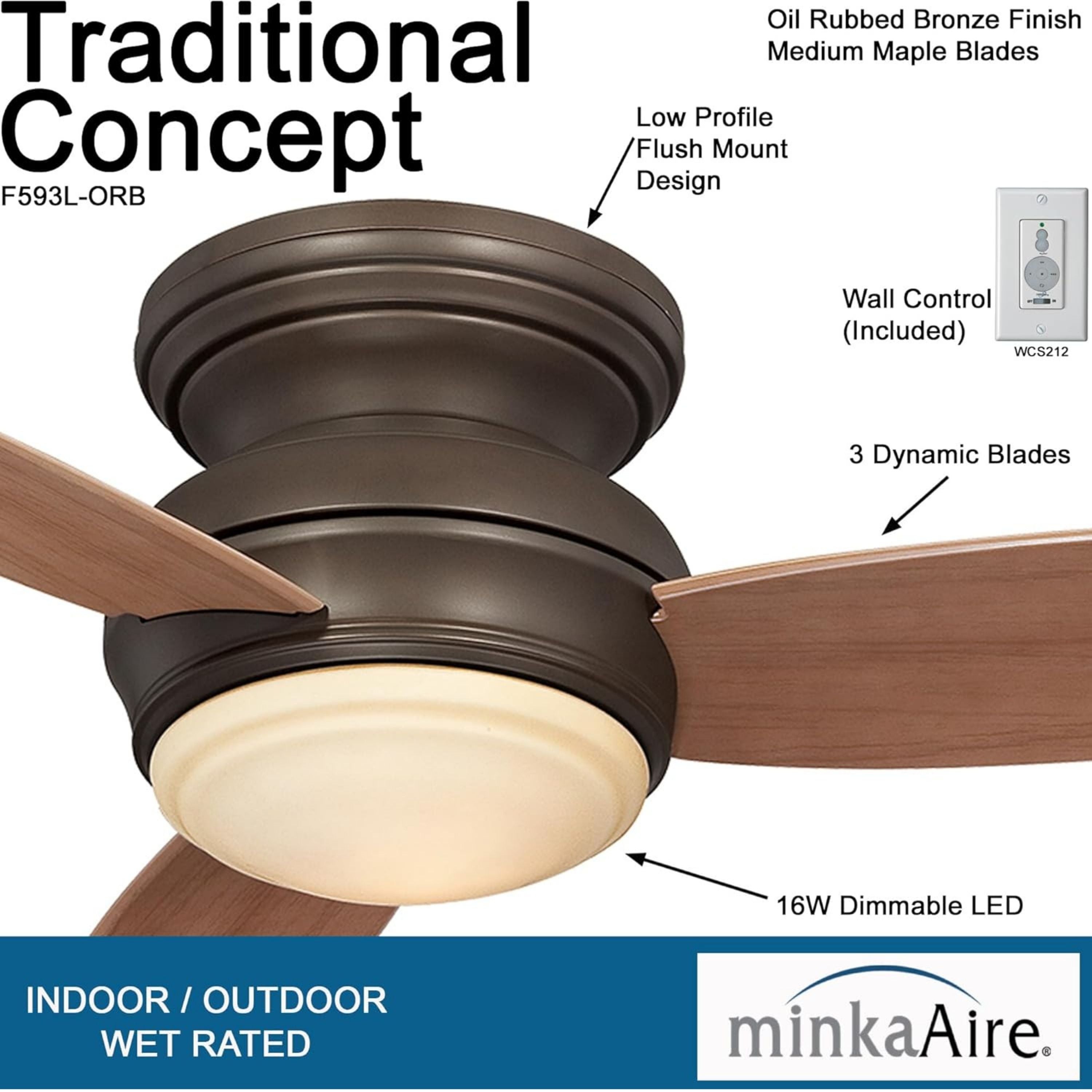 Traditional Concept LED 44" Bronze Outdoor Hugger Ceiling Fan with Wall Control