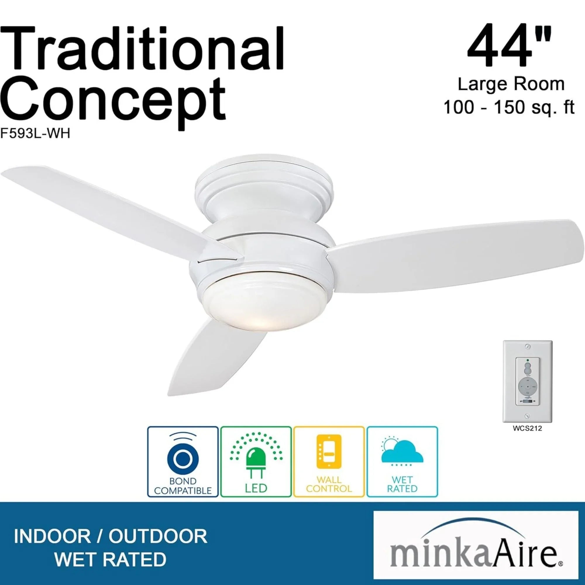 Traditional Concept LED 44" White Outdoor Hugger Ceiling Fan with Wall Control