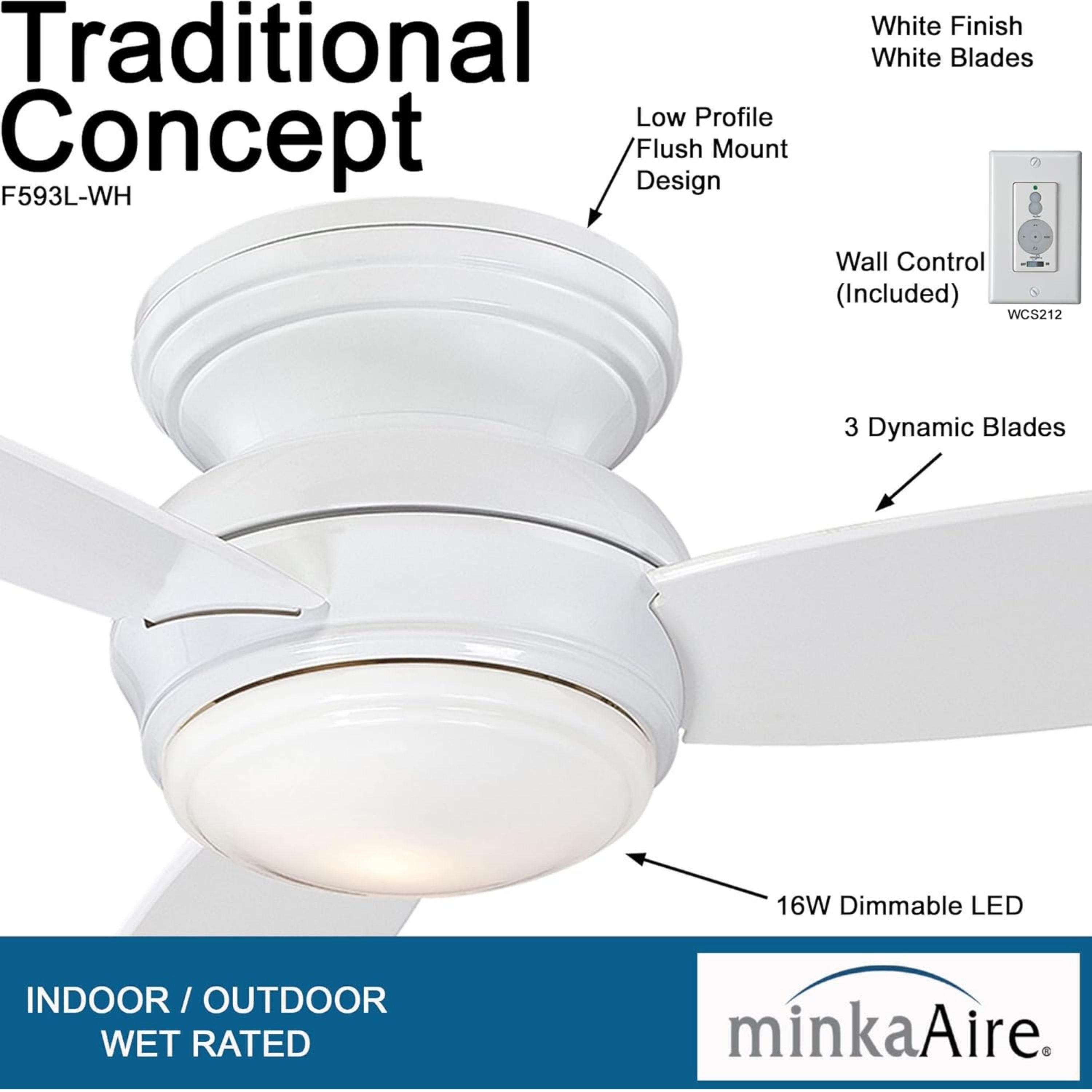 Traditional Concept LED 44" White Outdoor Hugger Ceiling Fan with Wall Control