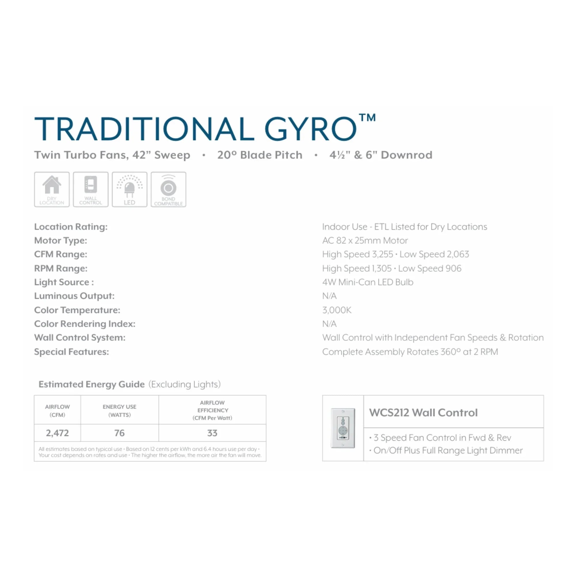 Traditional Gyro LED 42" Dual Ceiling Fan with Wall Control, Belcaro Walnut