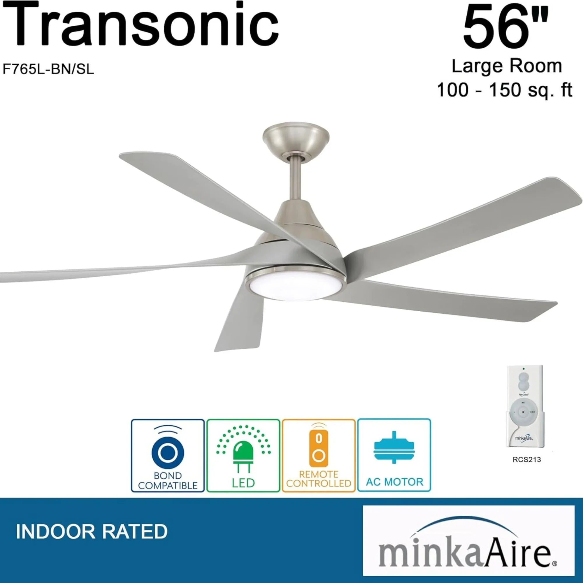 Transonic 56" LED Ceiling Fan with Remote, Brushed Nickel