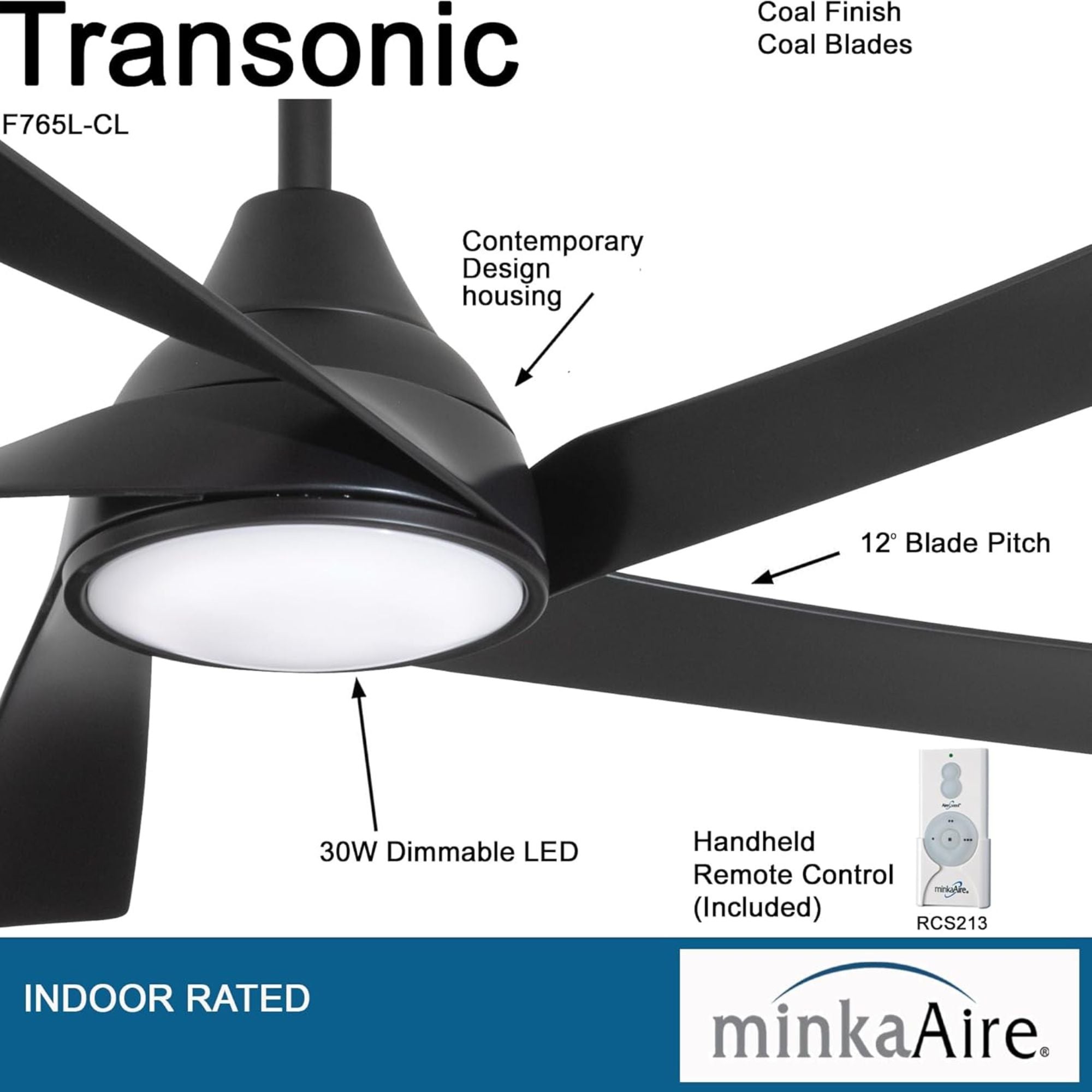 Transonic 56" LED Ceiling Fan with Remote, Black Coal