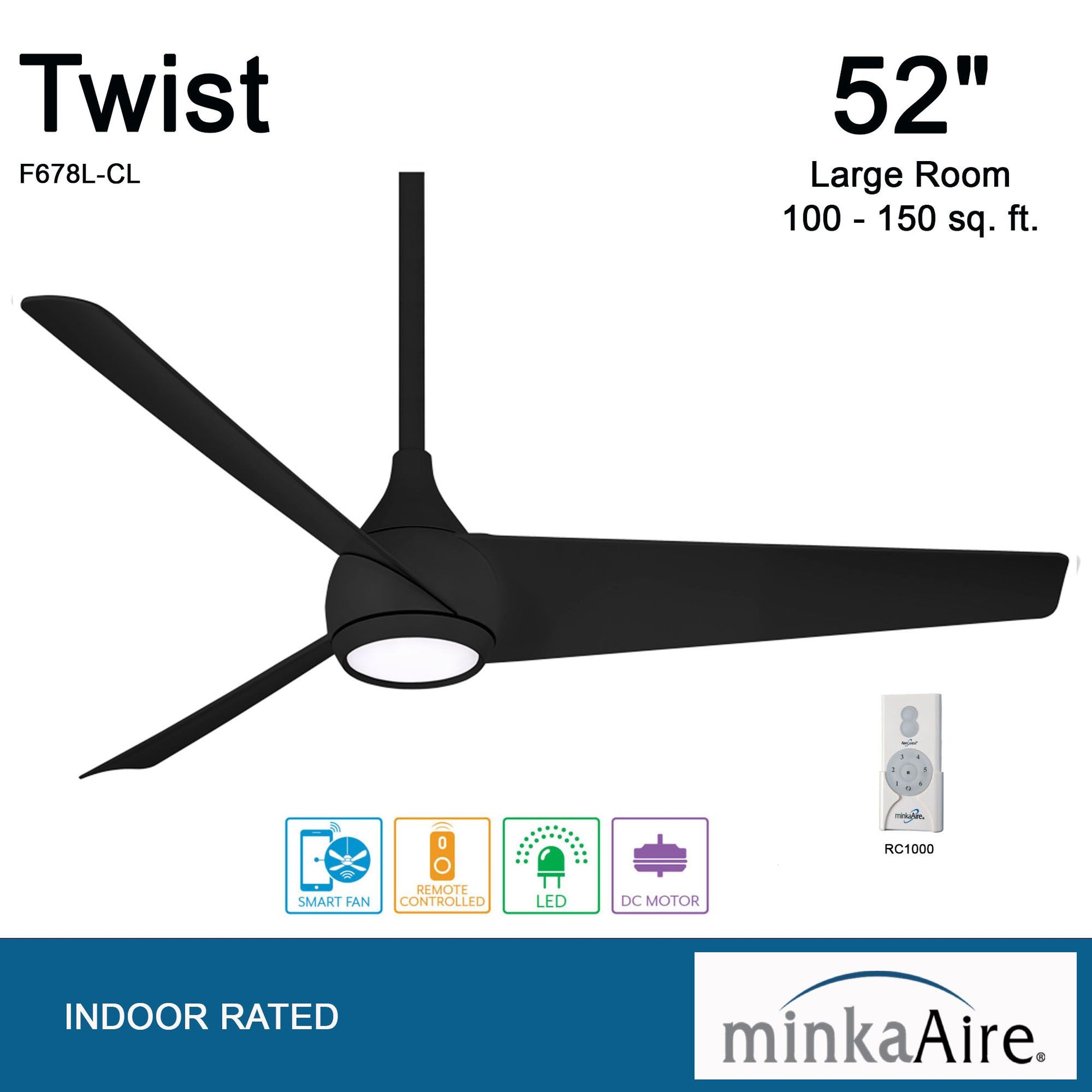 Twist LED 52" Smart Ceiling Fan with Remote, Black Coal - Bees Lighting