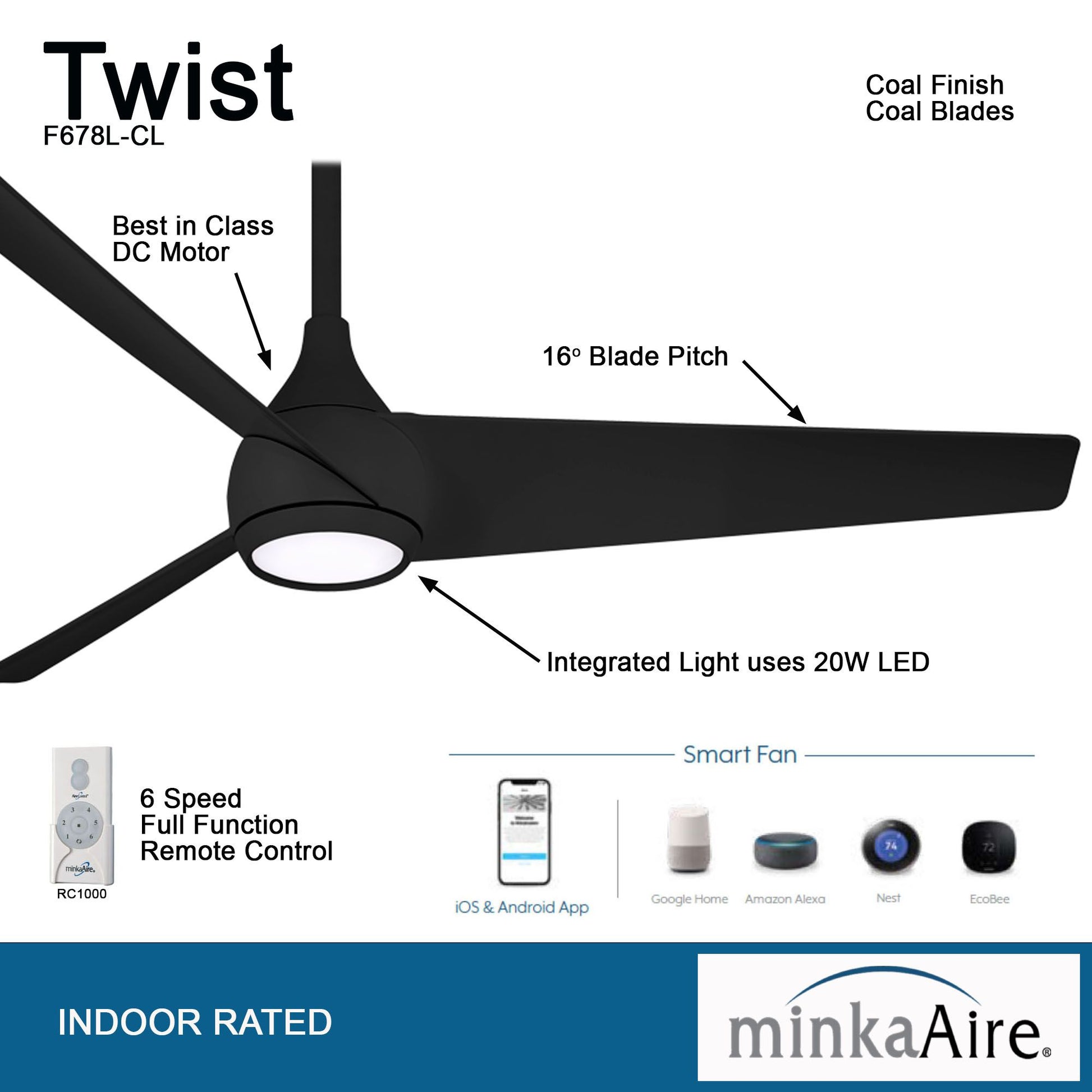 Twist LED 52" Smart Ceiling Fan with Remote, Black Coal - Bees Lighting