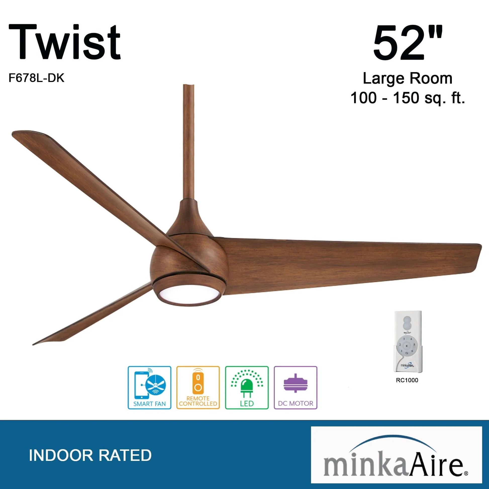 Twist LED 52" Smart Ceiling Fan with Remote, Distressed Koa - Bees Lighting