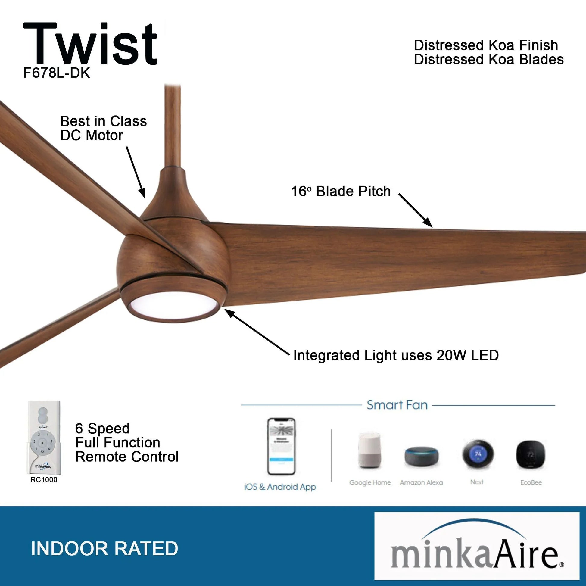 Twist LED 52" Smart Ceiling Fan with Remote, Distressed Koa - Bees Lighting