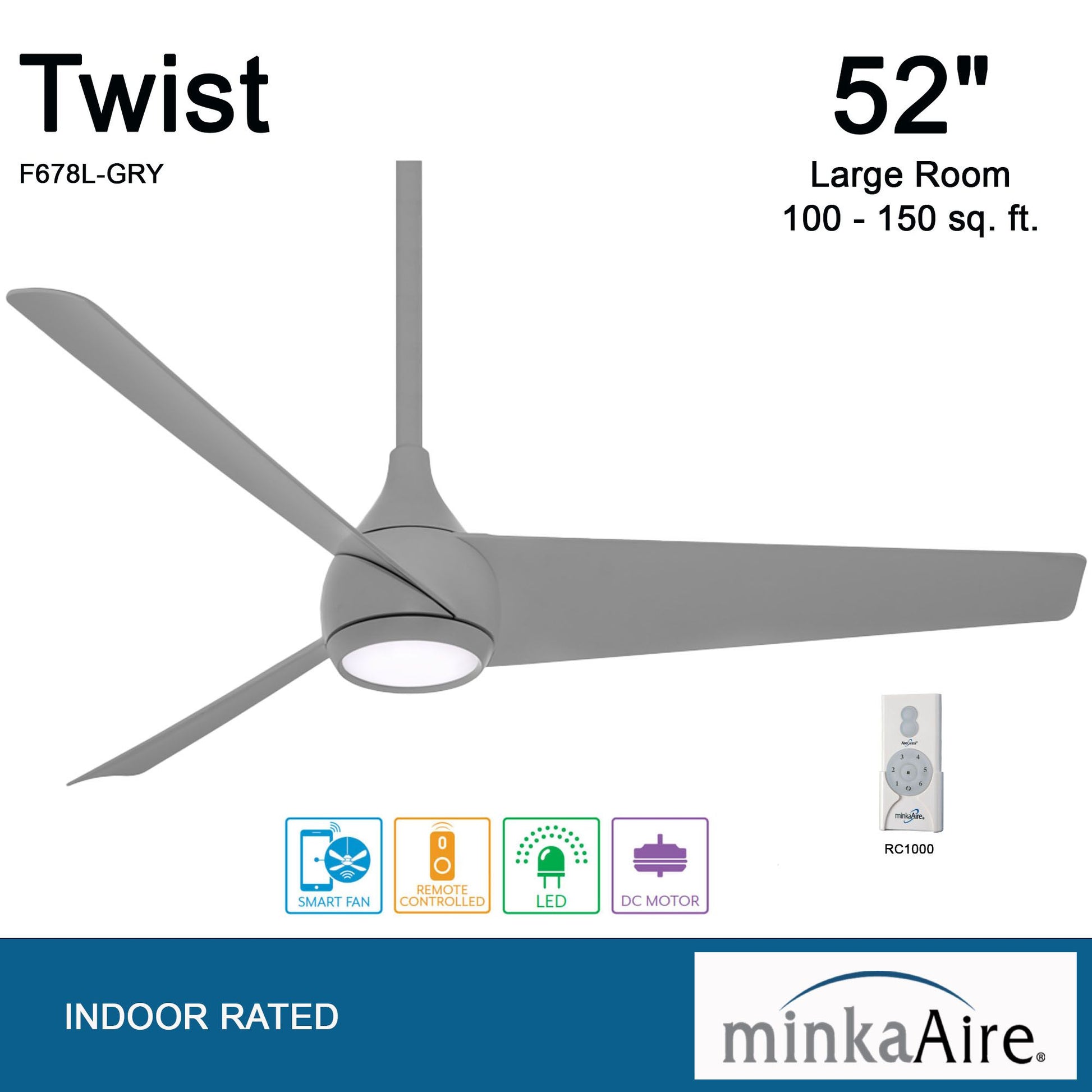 Twist LED 52" Smart Ceiling Fan with Remote, Grey - Bees Lighting