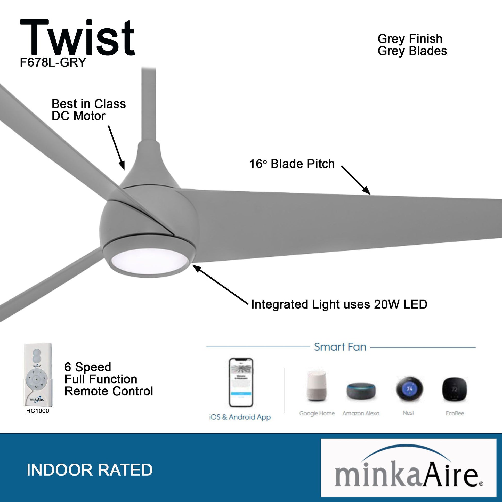 Twist LED 52" Smart Ceiling Fan with Remote, Grey - Bees Lighting