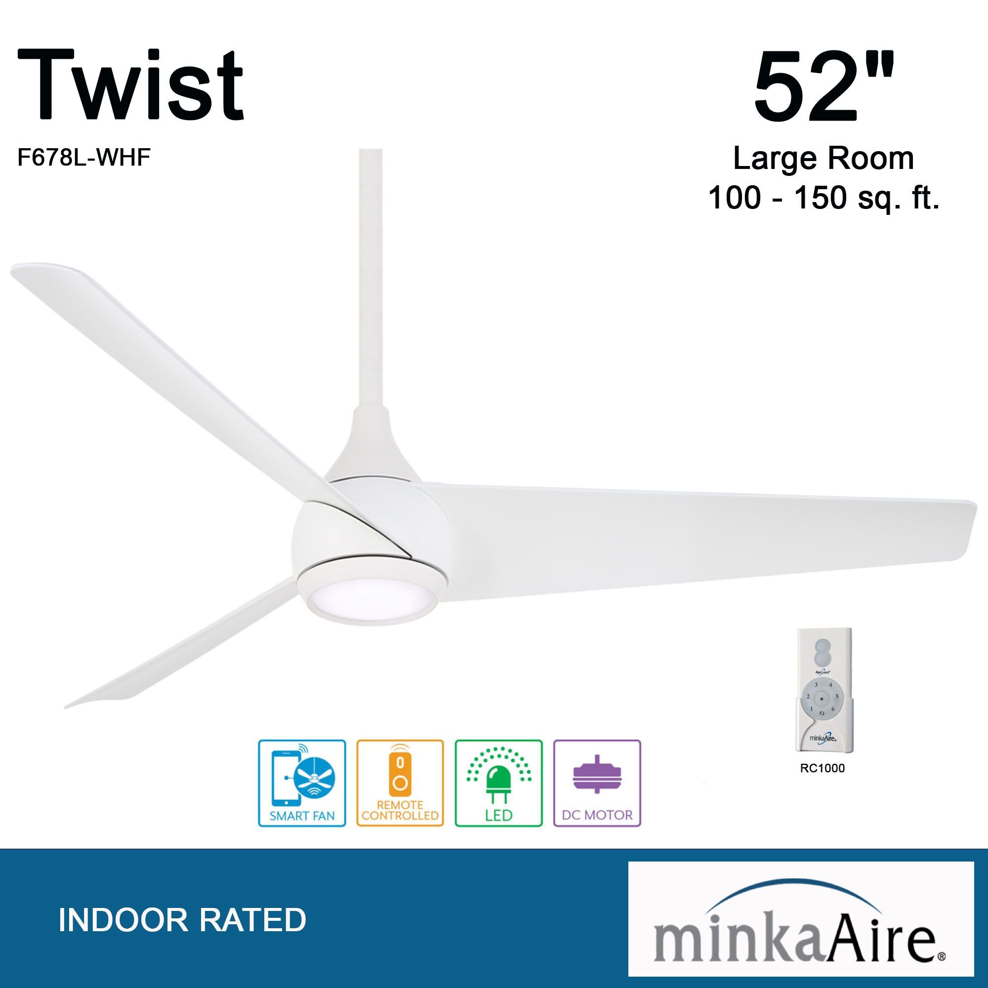 Twist LED 52" Smart Ceiling Fan with Remote, Flat White - Bees Lighting