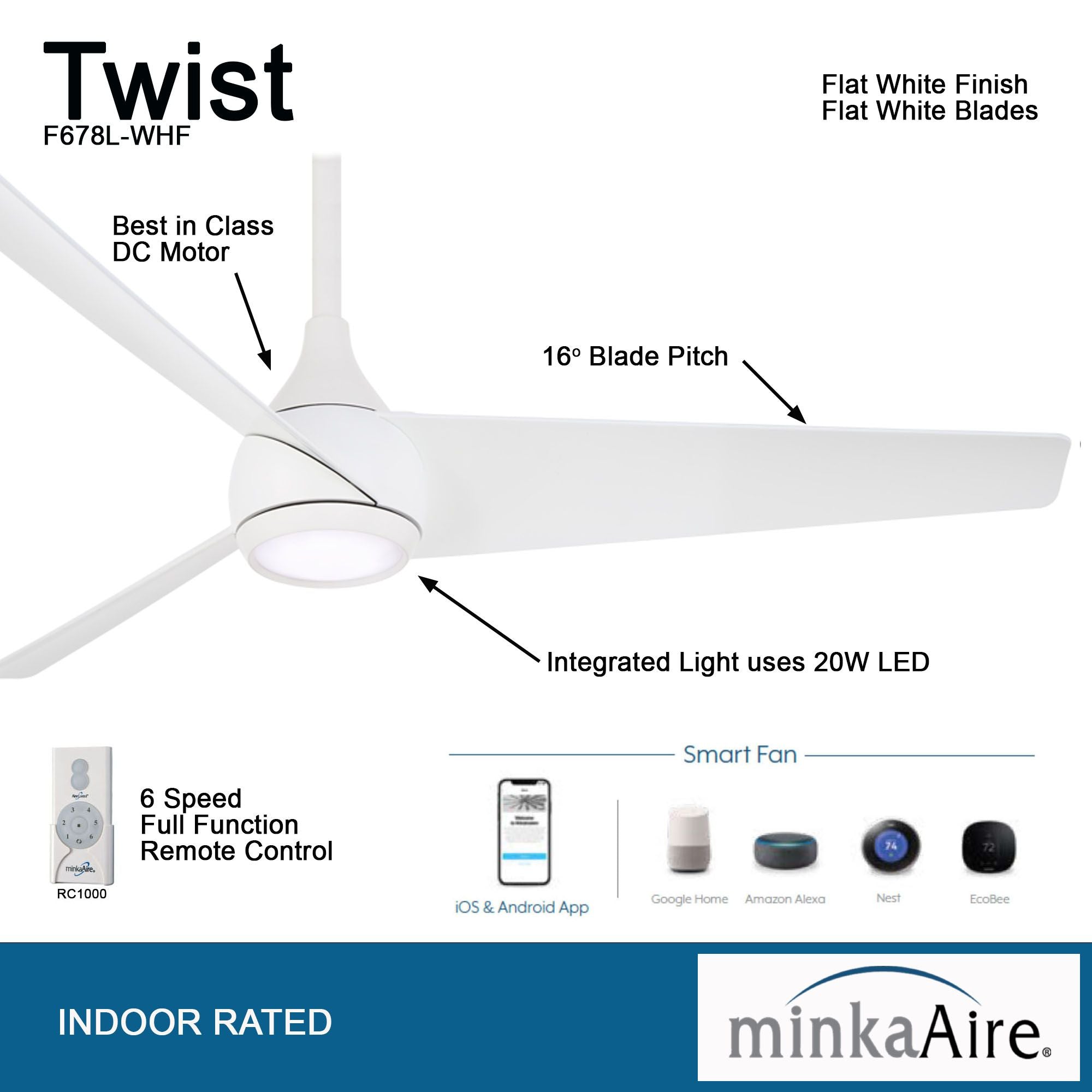 Twist LED 52" Smart Ceiling Fan with Remote, Flat White - Bees Lighting