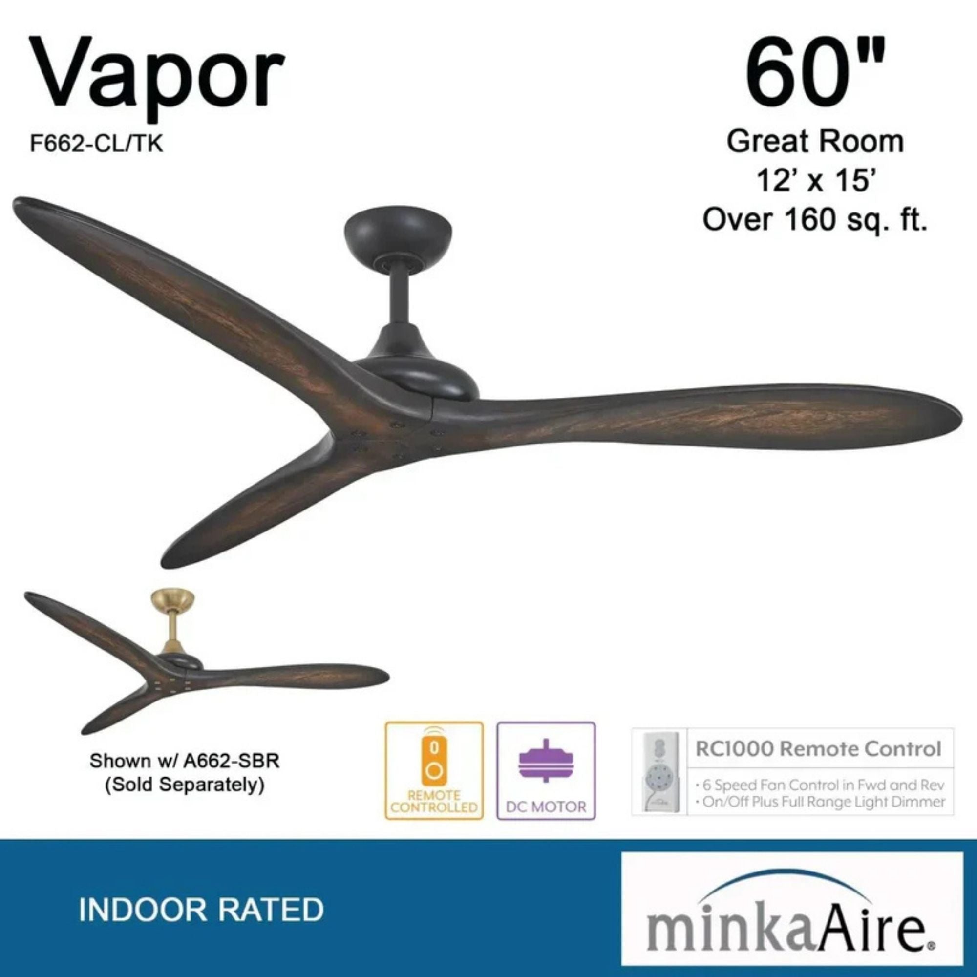 Vapor 60" Ceiling Fan with Remote, Black Coal with Toned Koa Wood Blades