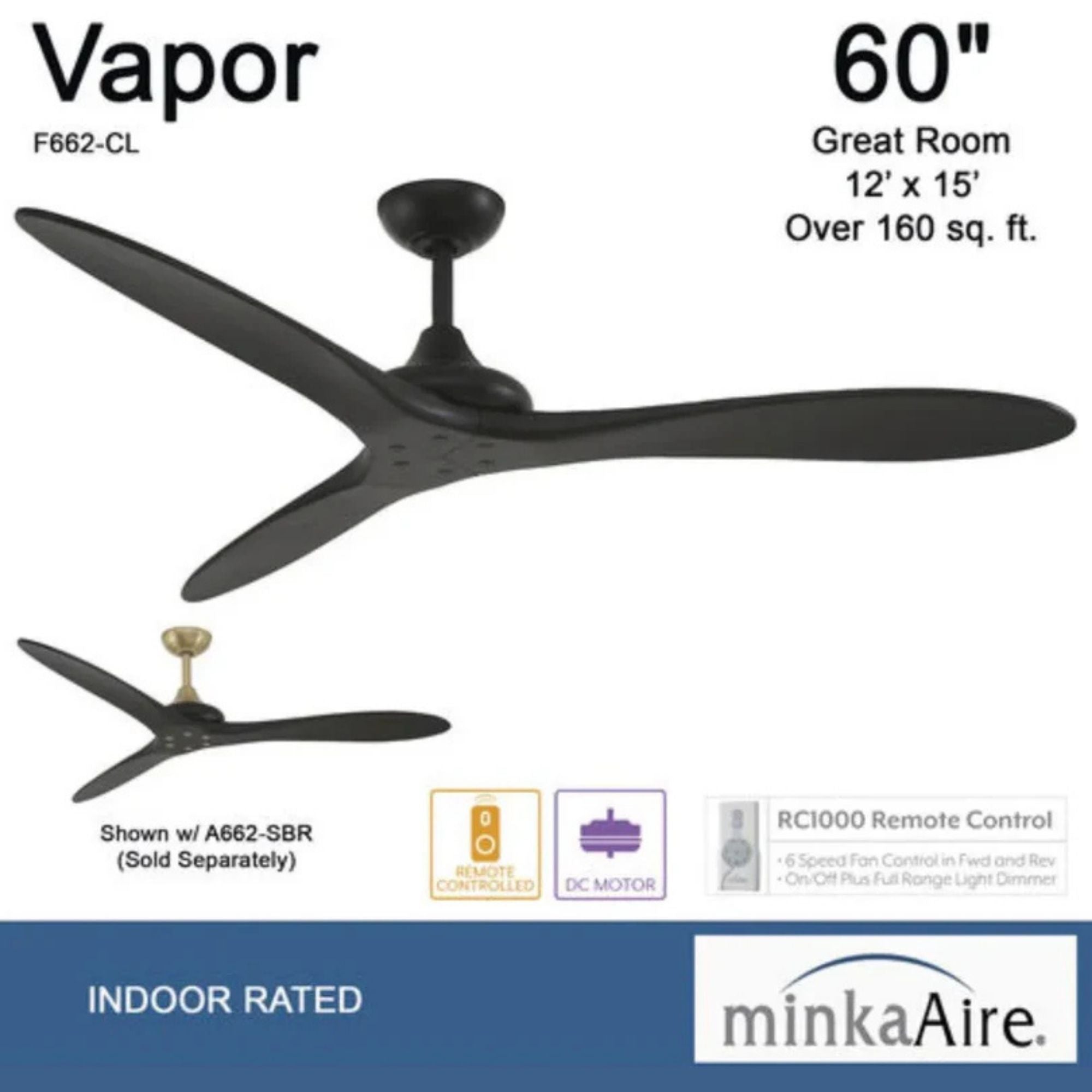 Vapor 60" Ceiling Fan with Remote, Black Coal