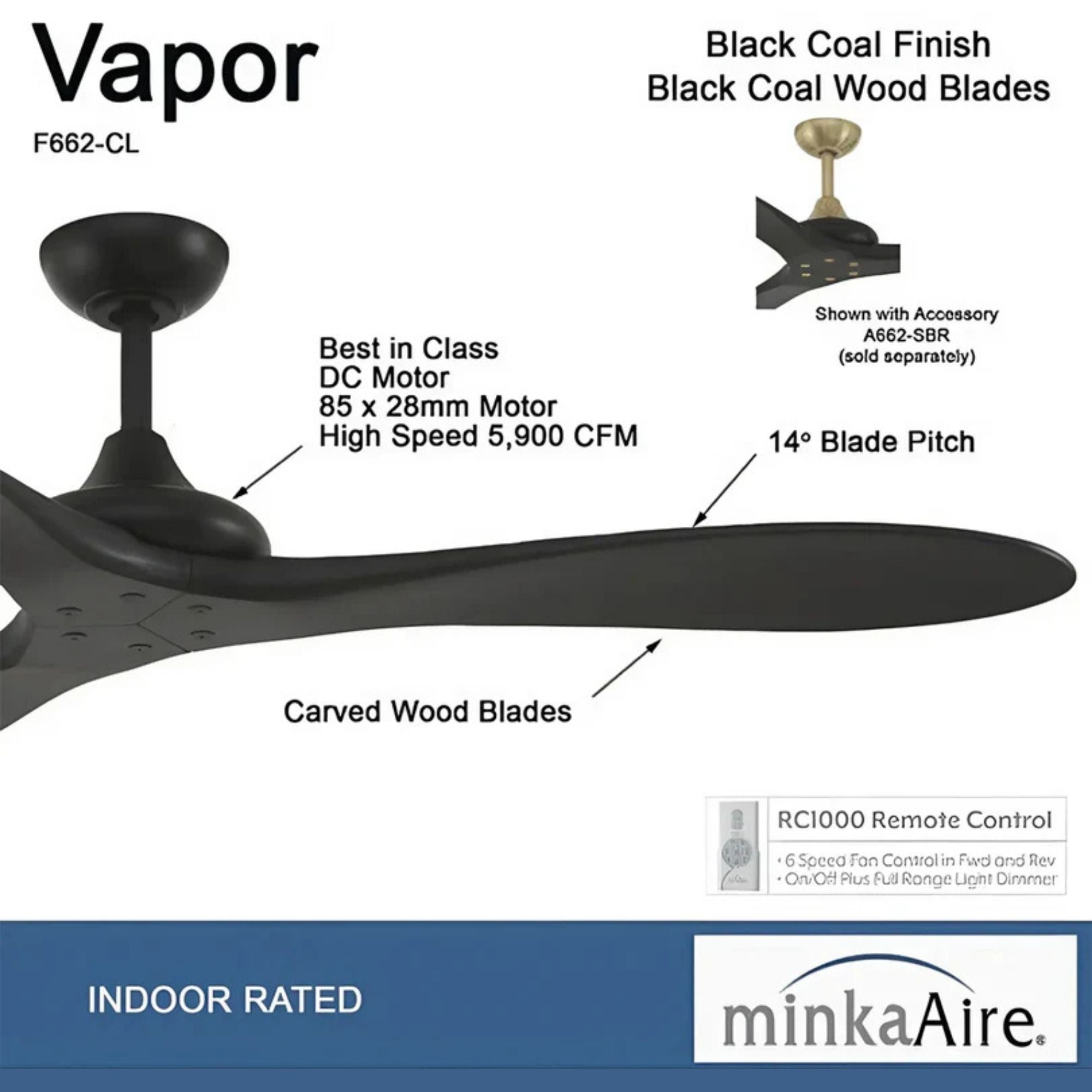 Vapor 60" Ceiling Fan with Remote, Black Coal