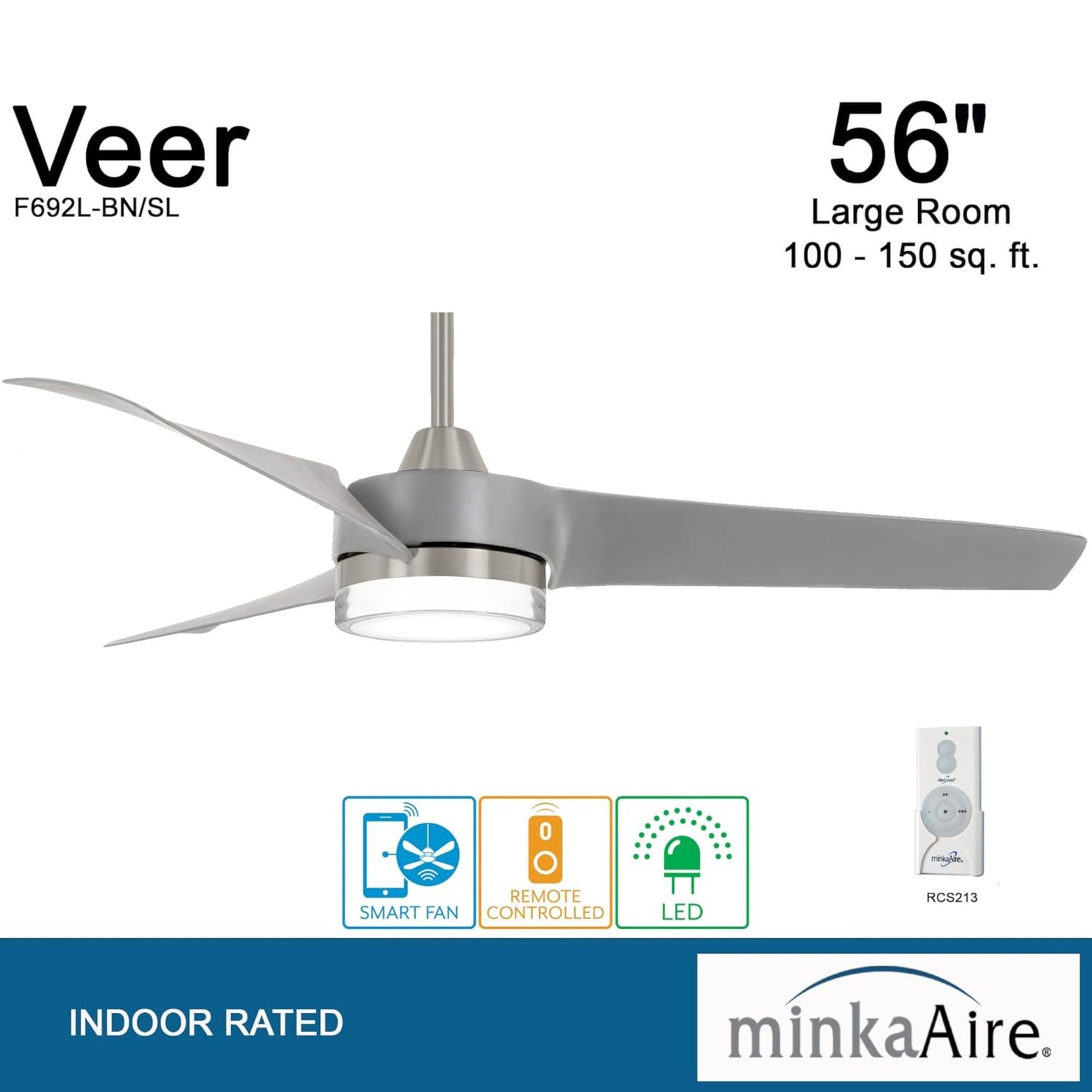 Veer LED 56" Smart Ceiling Fan with Remote, Brushed Nickel - Bees Lighting