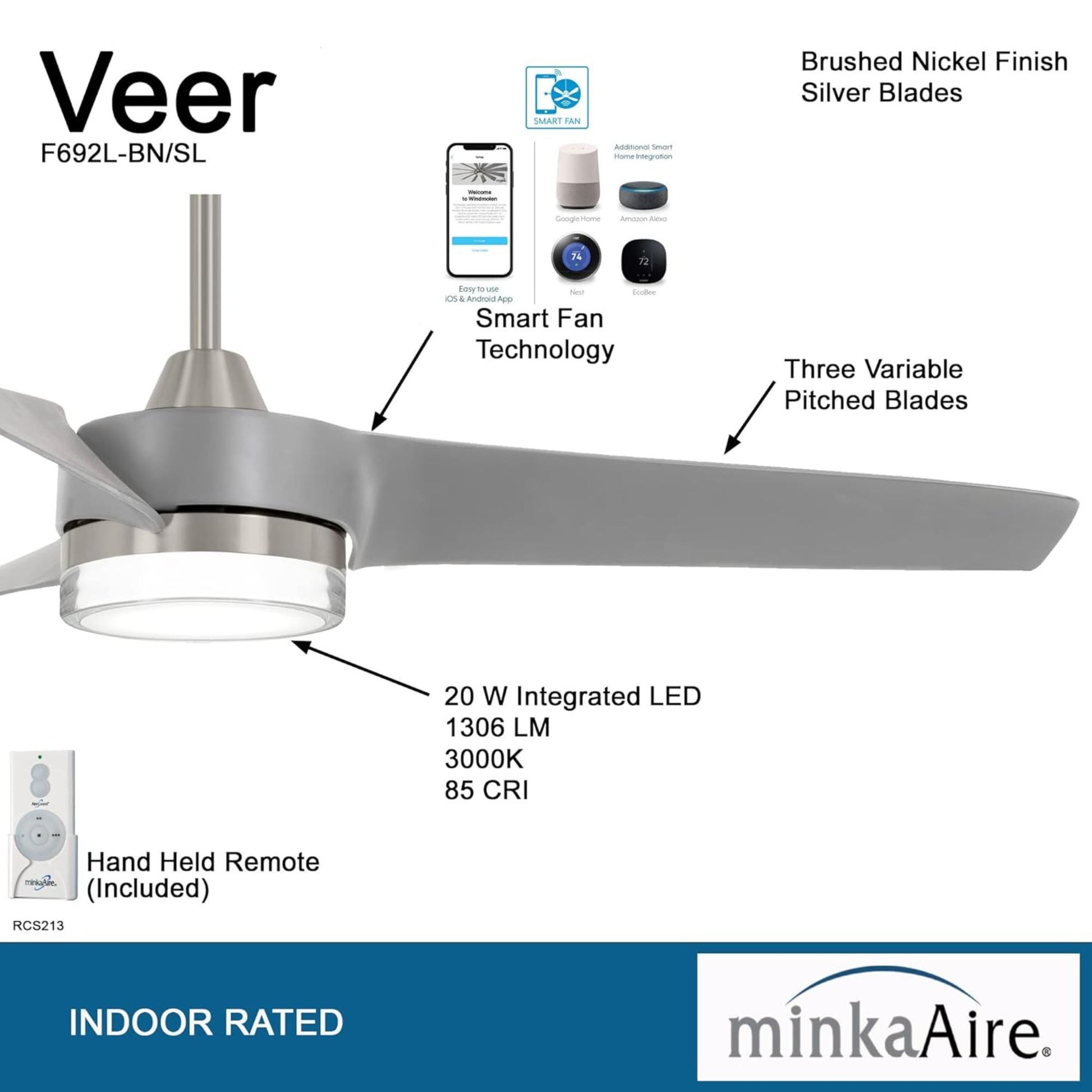 Veer LED 56" Smart Ceiling Fan with Remote, Brushed Nickel - Bees Lighting