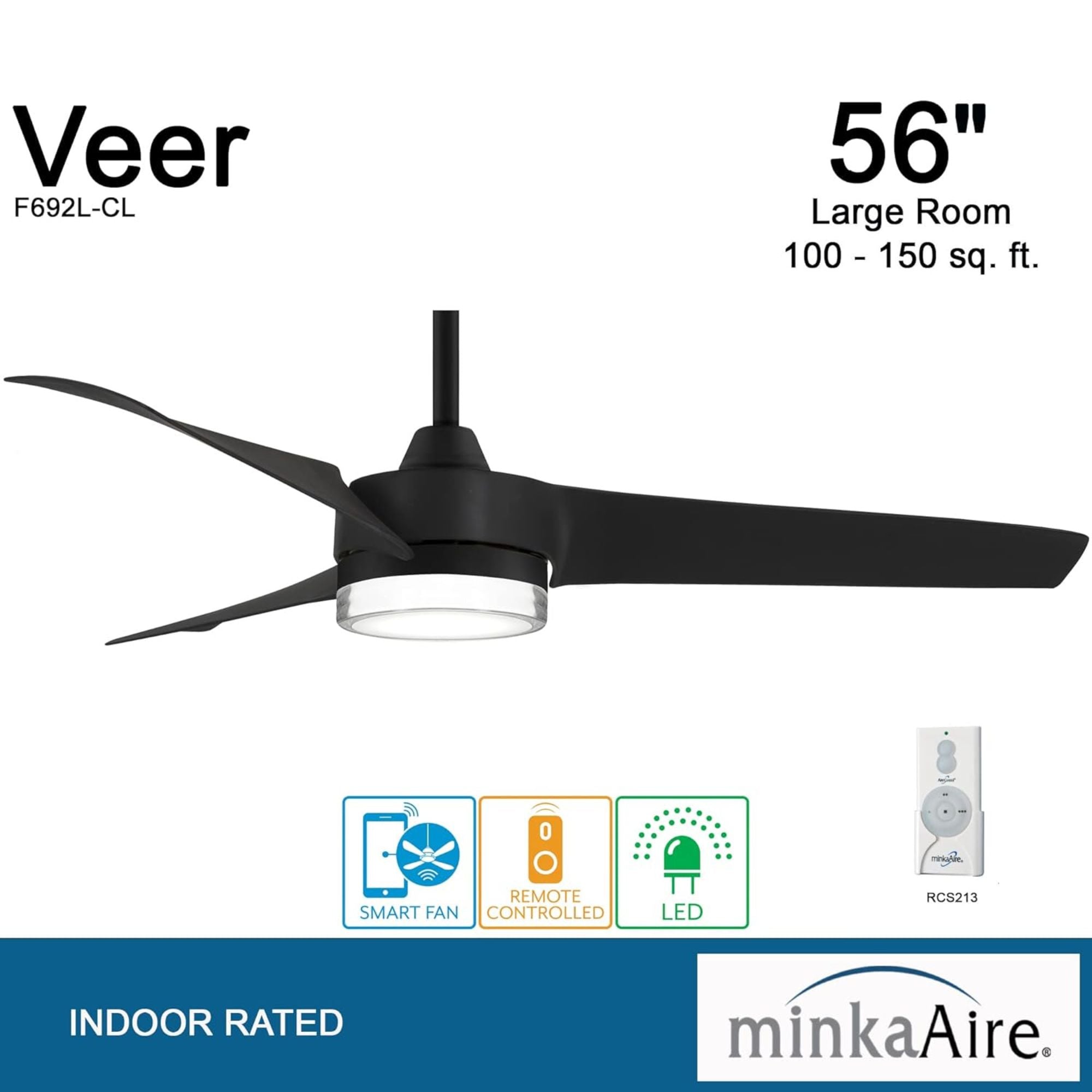 Veer LED 56" Smart Ceiling Fan with Remote, Black Coal - Bees Lighting