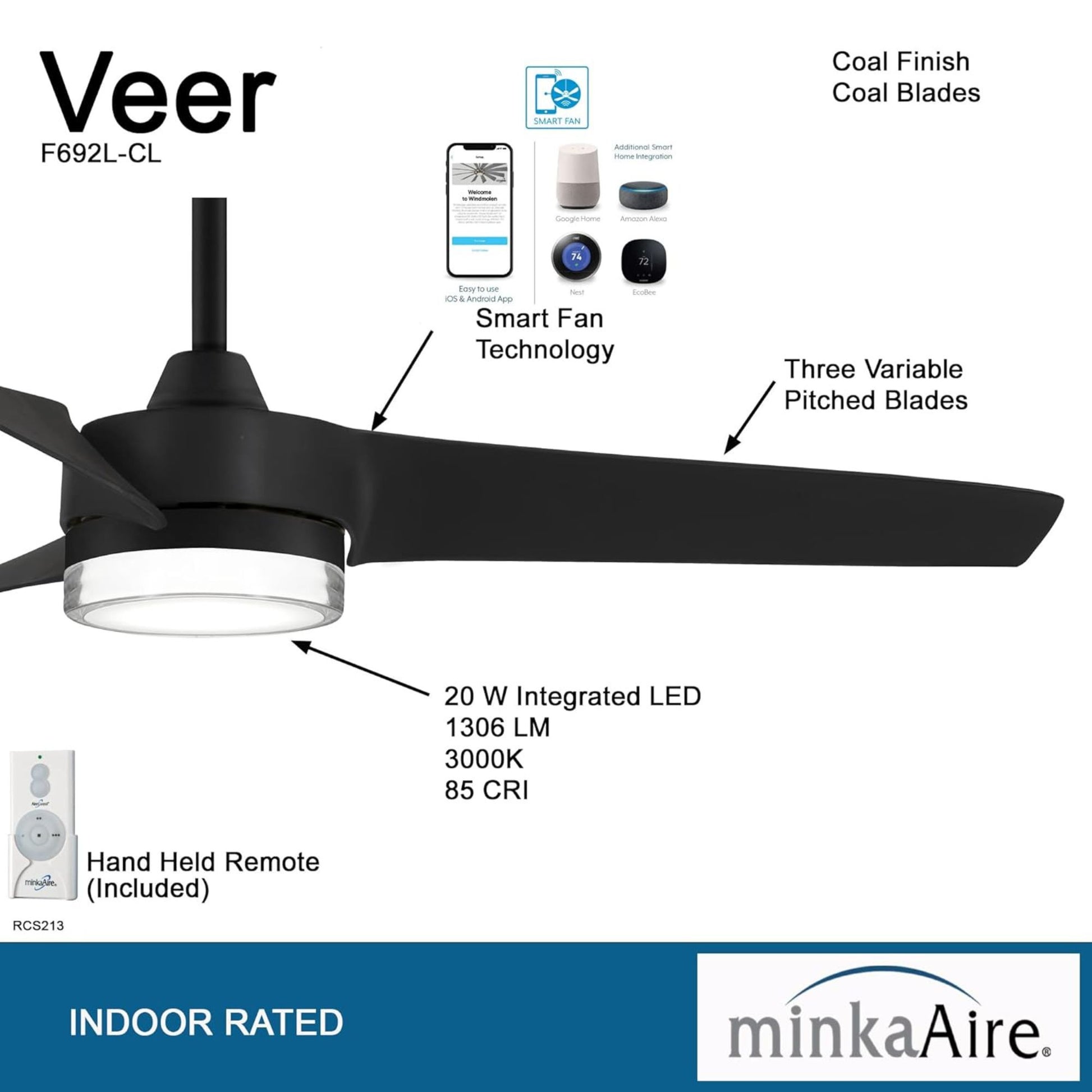 Veer LED 56" Smart Ceiling Fan with Remote, Black Coal - Bees Lighting