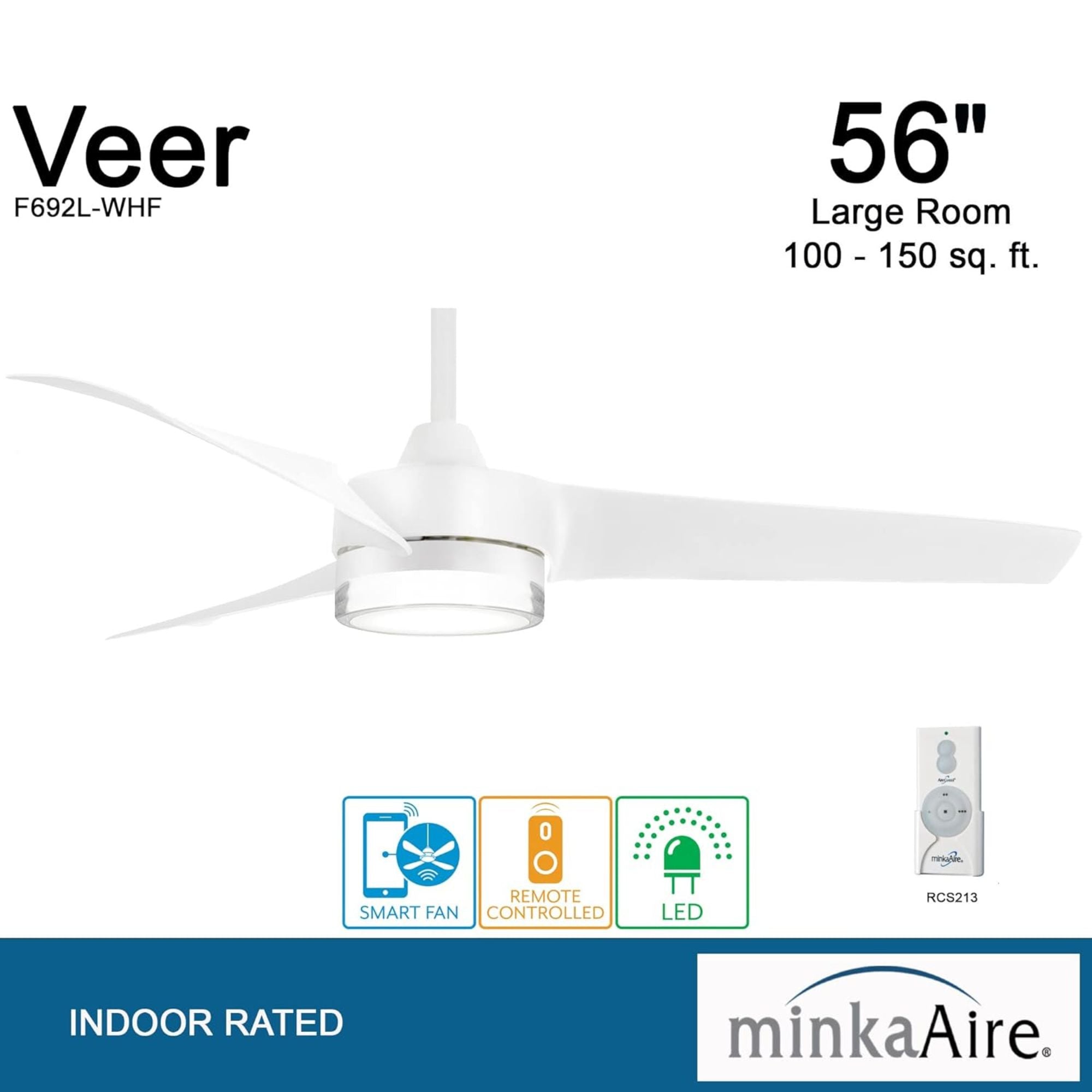 Veer LED 56" Smart Ceiling Fan with Remote, Flat White - Bees Lighting