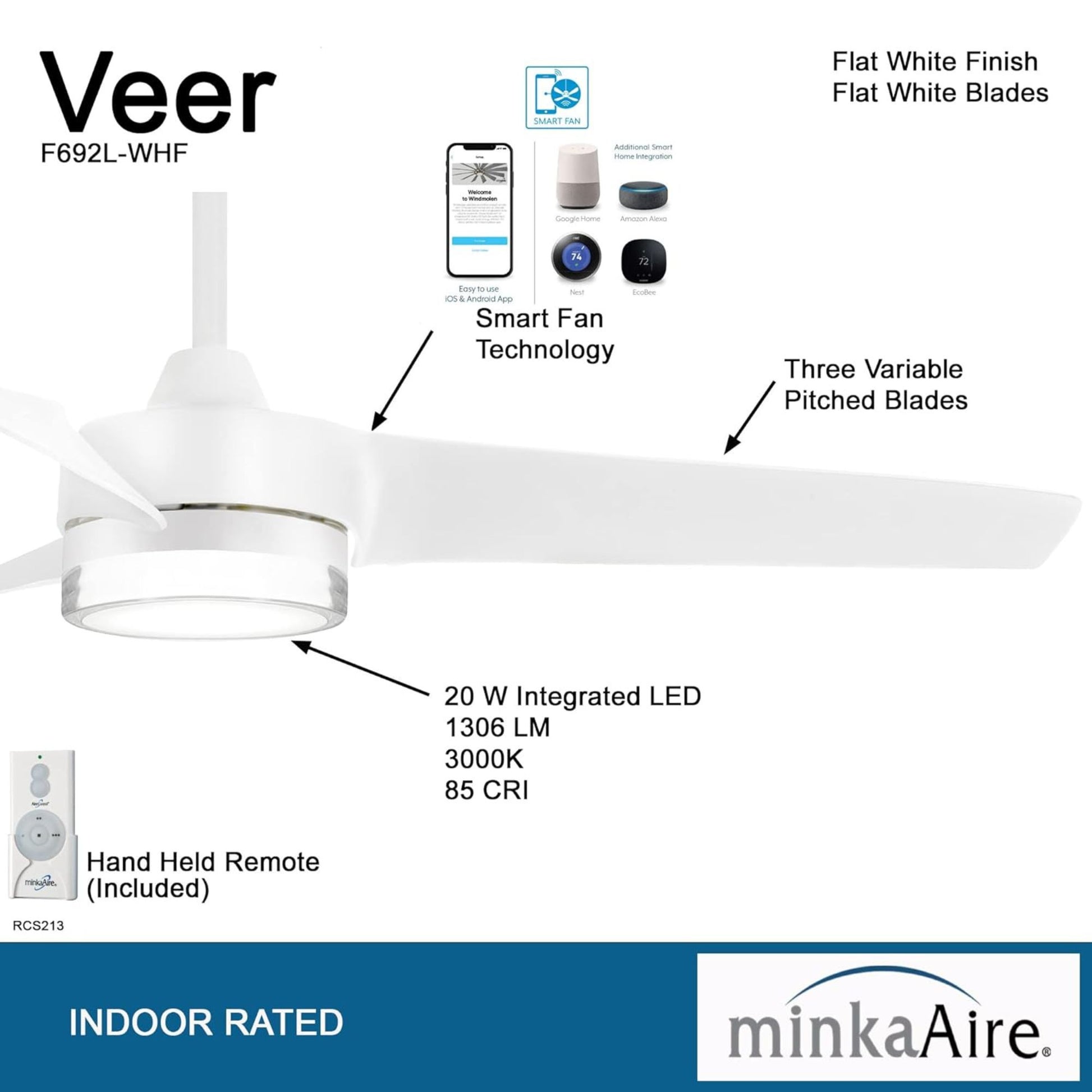 Veer LED 56" Smart Ceiling Fan with Remote, Flat White - Bees Lighting
