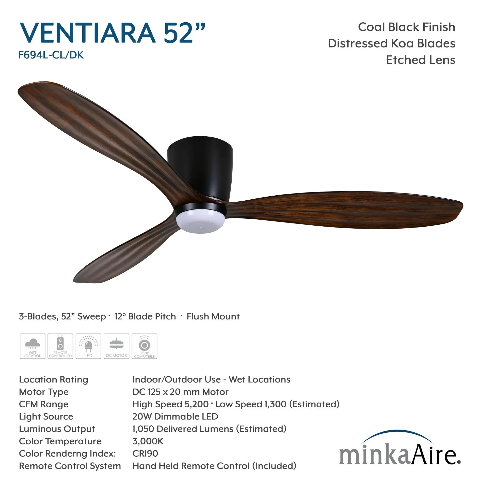 Ventiara 52" Coal Black LED Flush Mount Ceiling Fan