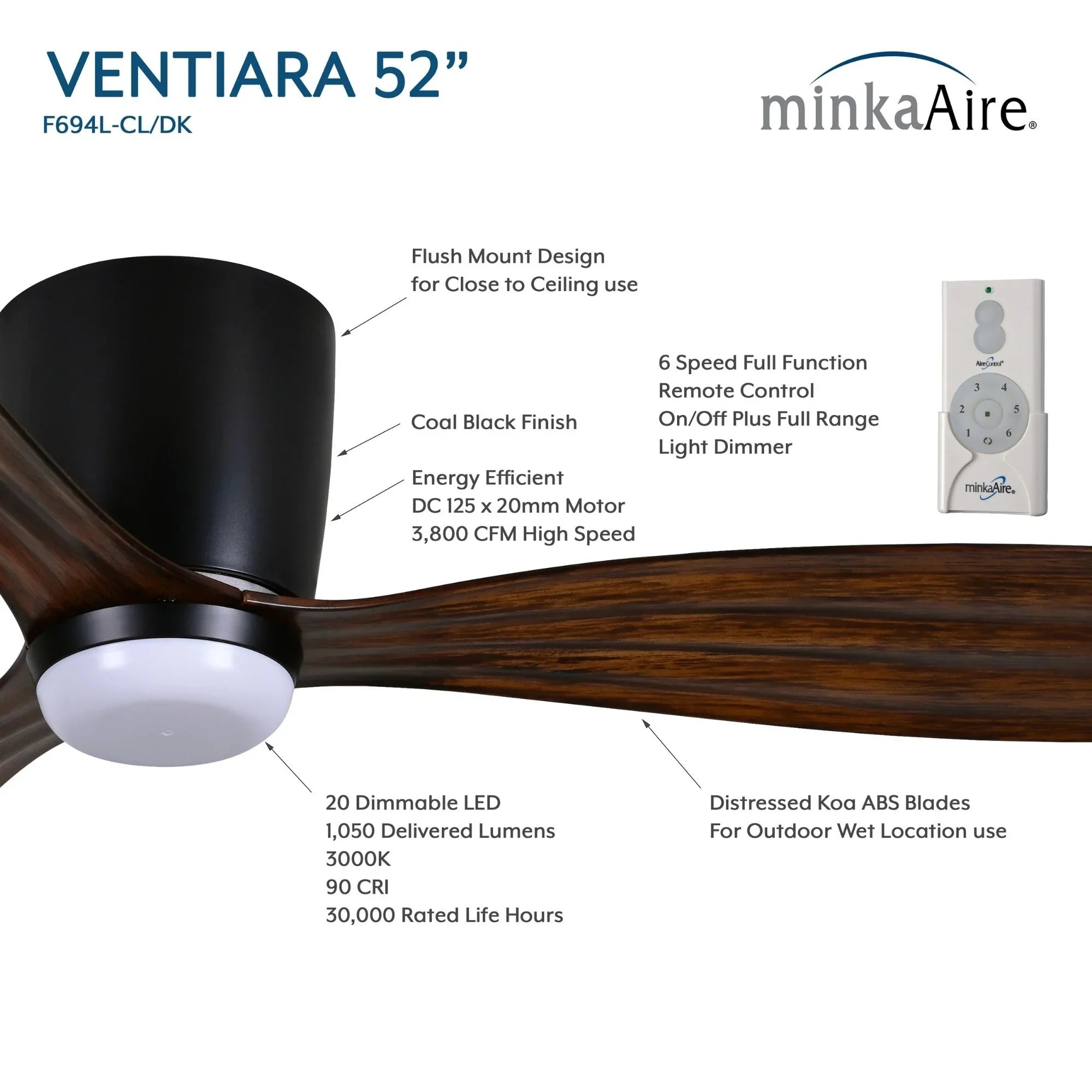 Ventiara 52" Coal Black LED Flush Mount Ceiling Fan