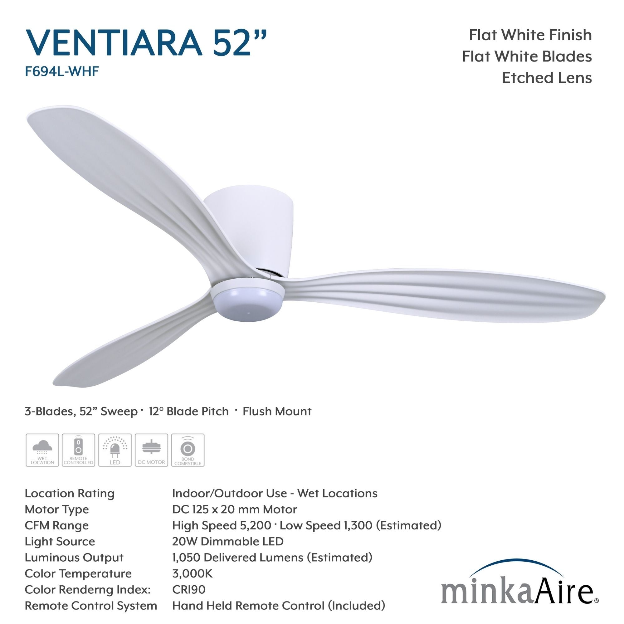 Ventiara 52" Flat White LED Flush Mount Ceiling Fan
