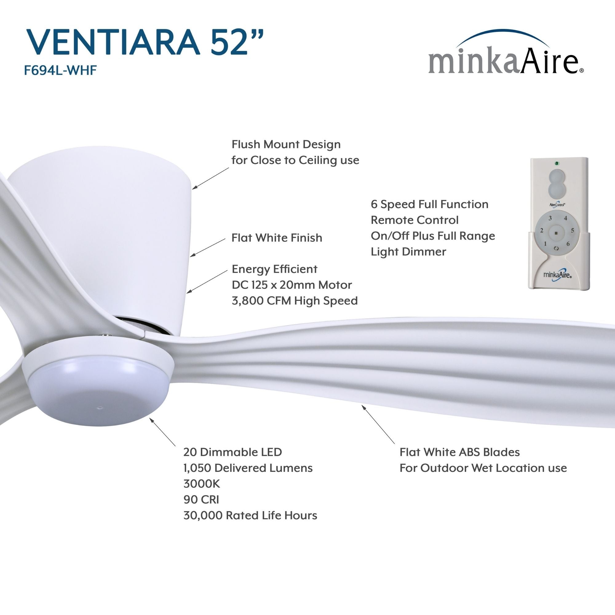 Ventiara 52" Flat White LED Flush Mount Ceiling Fan