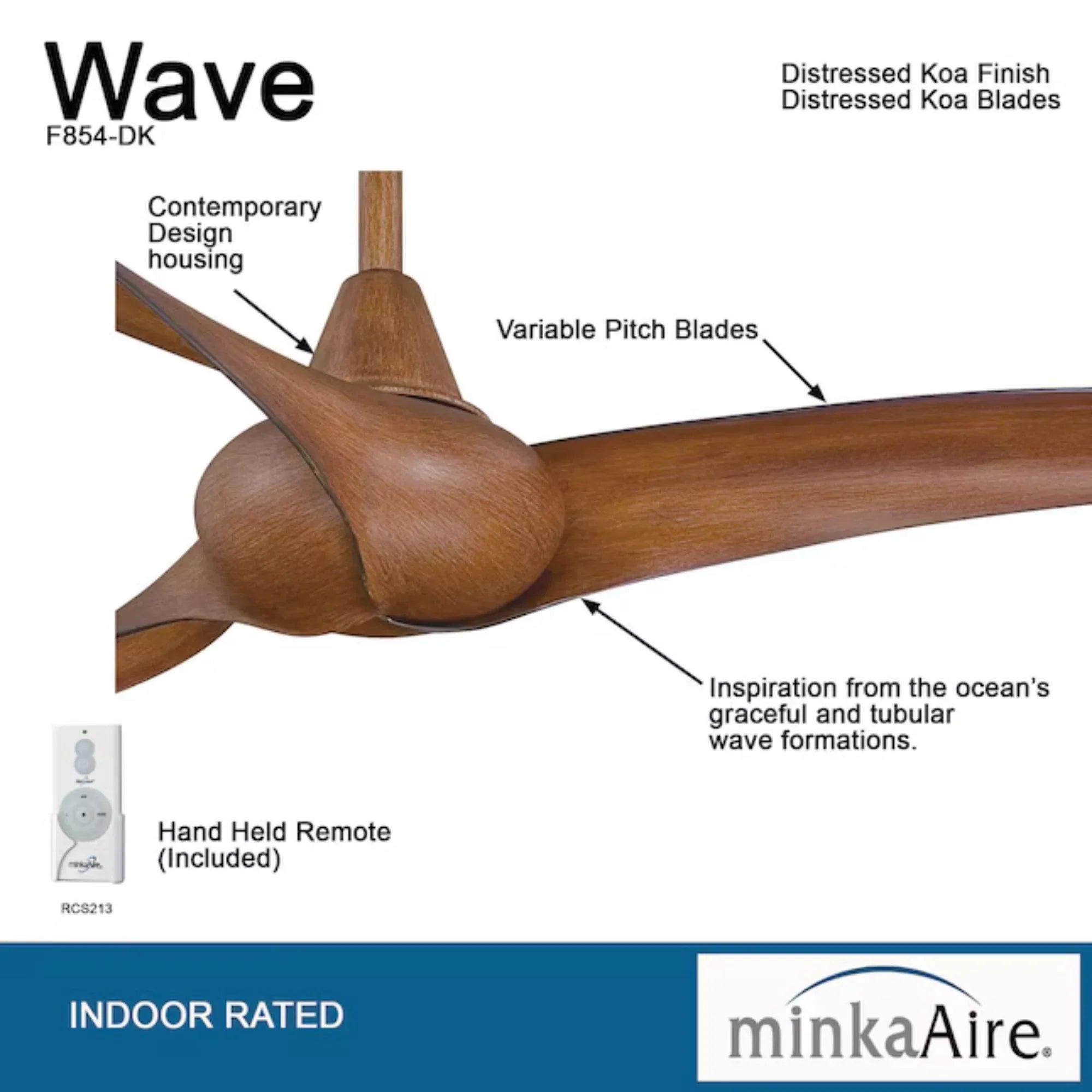 Wave 44" Distressed Koa Indoor Ceiling Fan with Remote