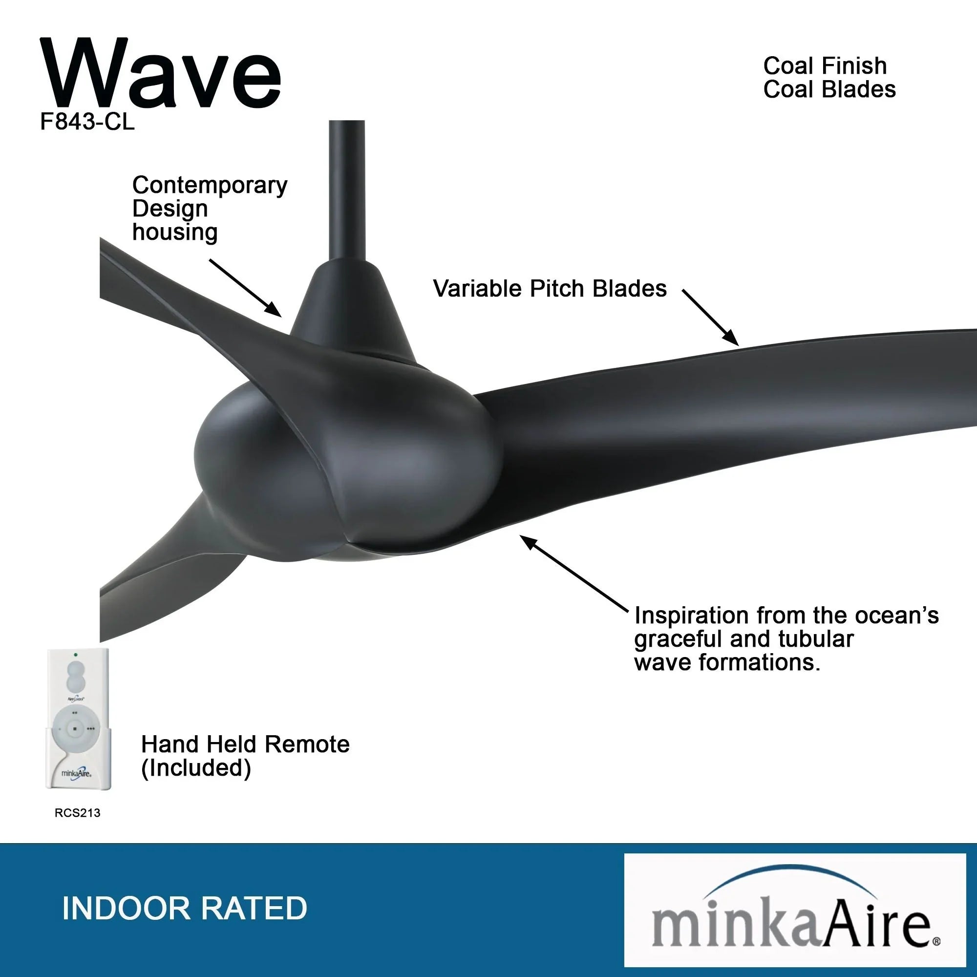 Wave 52" Black Coal Indoor Ceiling Fan with Remote
