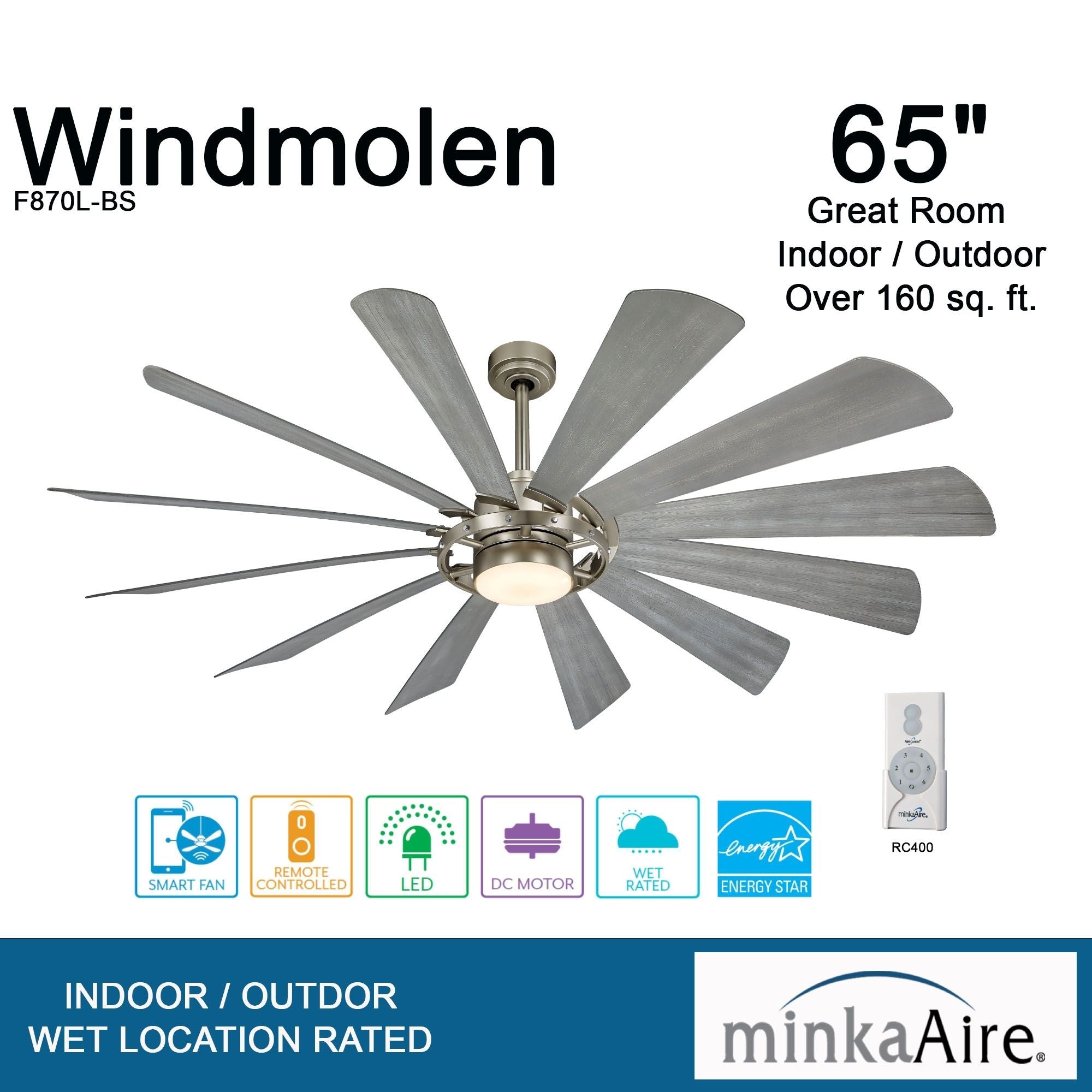 Windmolen LED 65" Wet Rated Smart Ceiling Fan, Brushed Steel