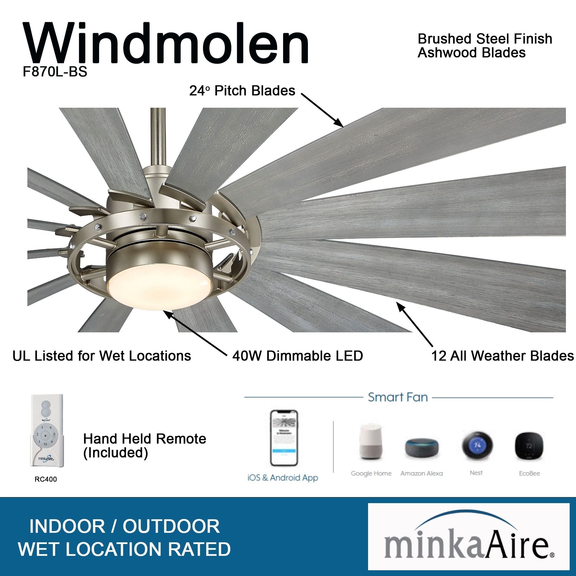 Windmolen LED 65" Wet Rated Smart Ceiling Fan, Brushed Steel