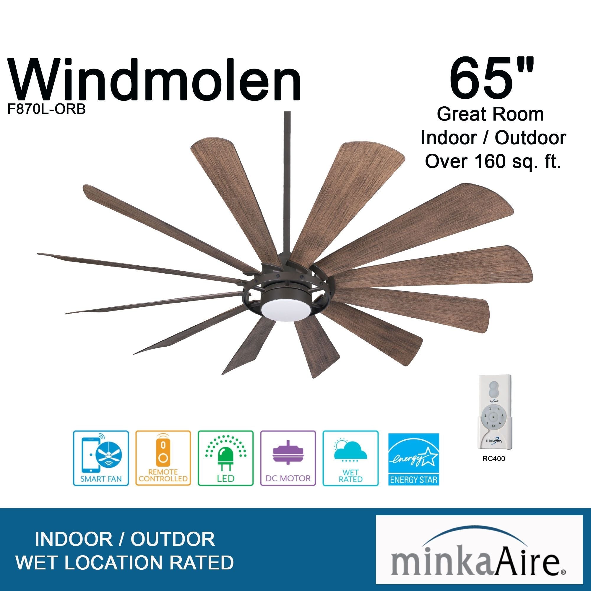 Windmolen LED 65" Wet Rated Smart Ceiling Fan, Oil Rubbed Bronze