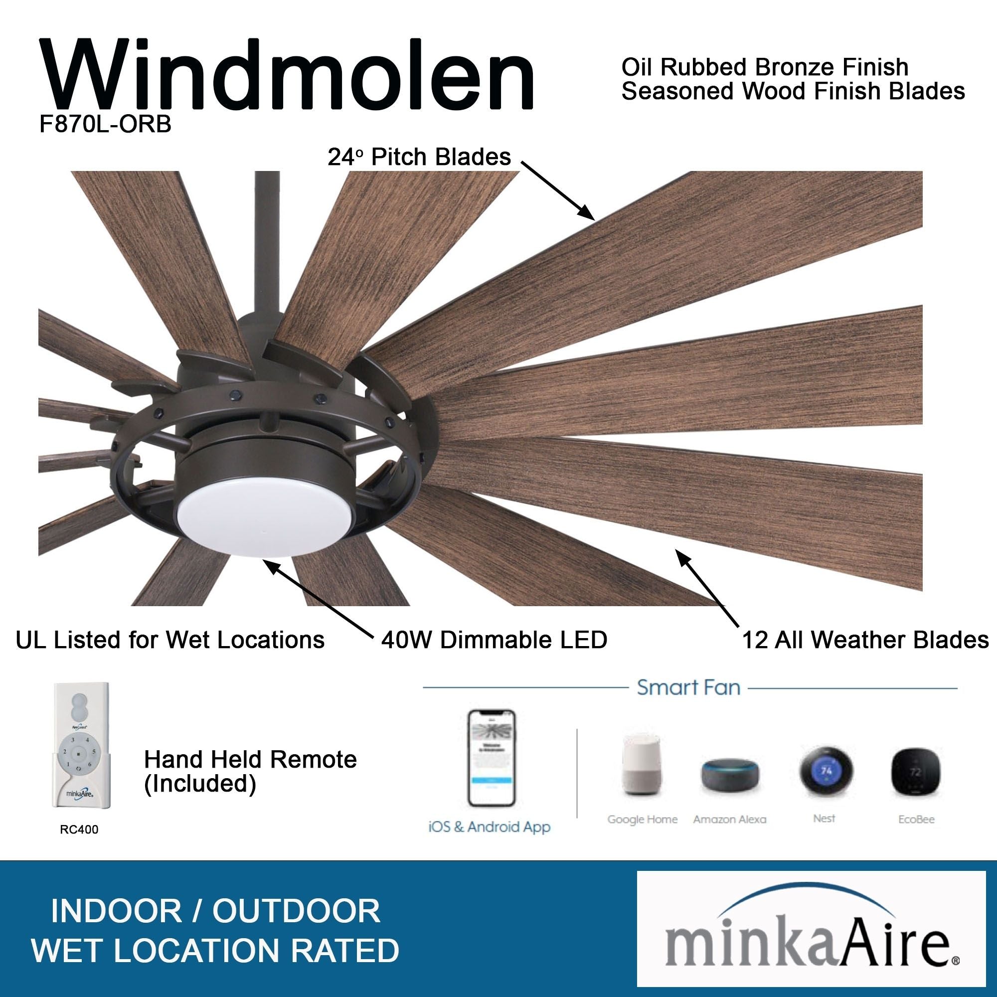 Windmolen LED 65" Wet Rated Smart Ceiling Fan, Oil Rubbed Bronze