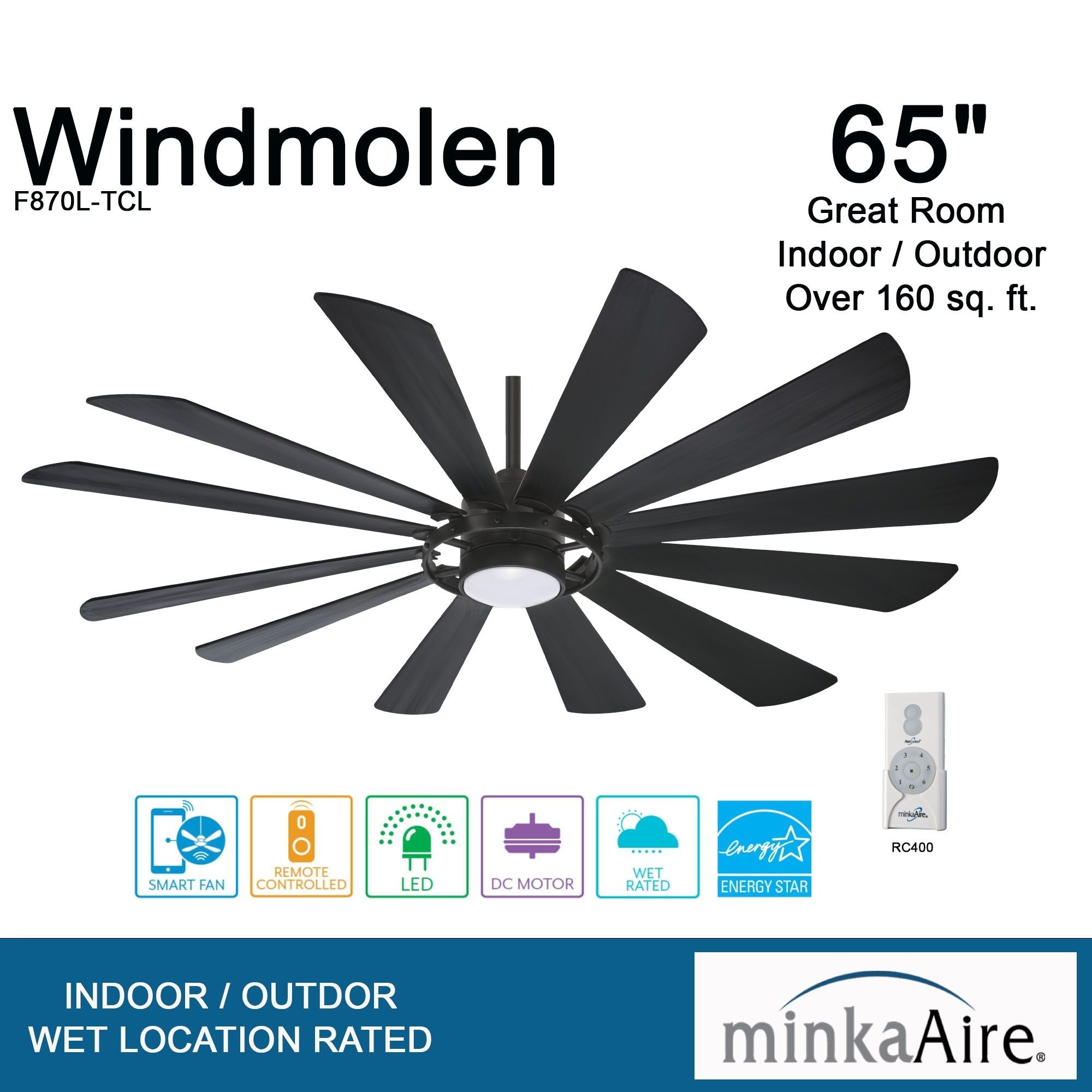 Windmolen LED 65" Wet Rated Smart Ceiling Fan, Textured Coal