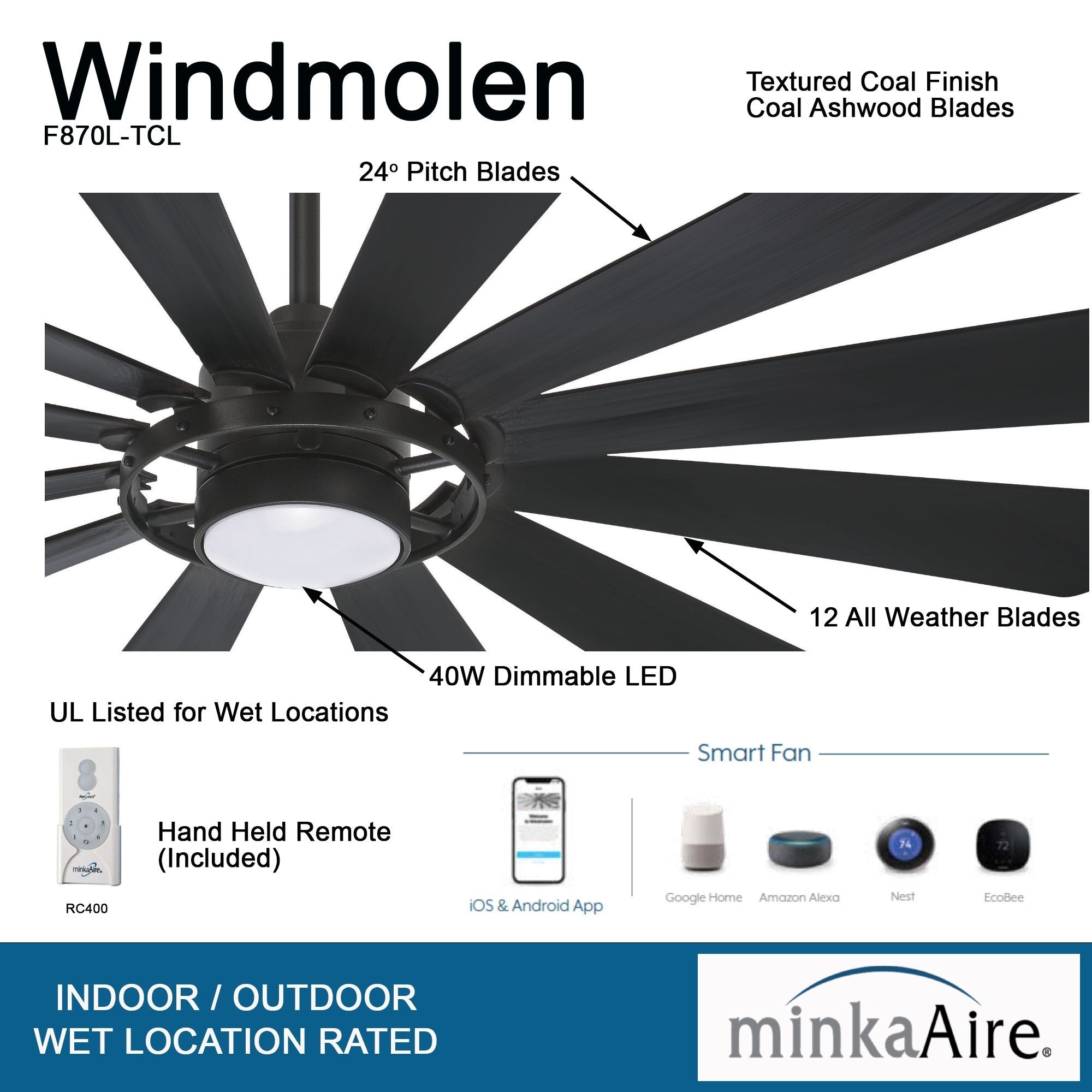 Windmolen LED 65" Wet Rated Smart Ceiling Fan, Textured Coal