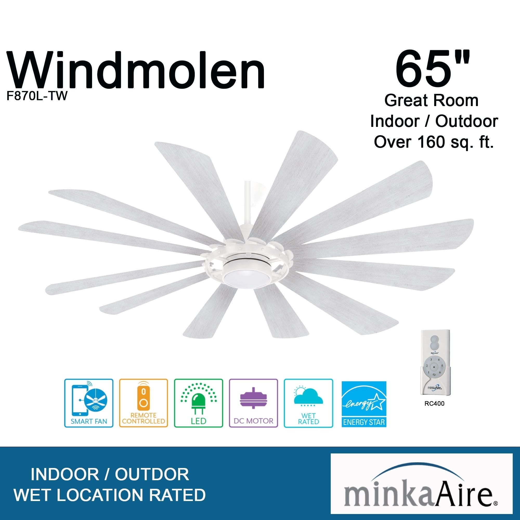 Windmolen LED 65" Wet Rated Smart Ceiling Fan, Textured White